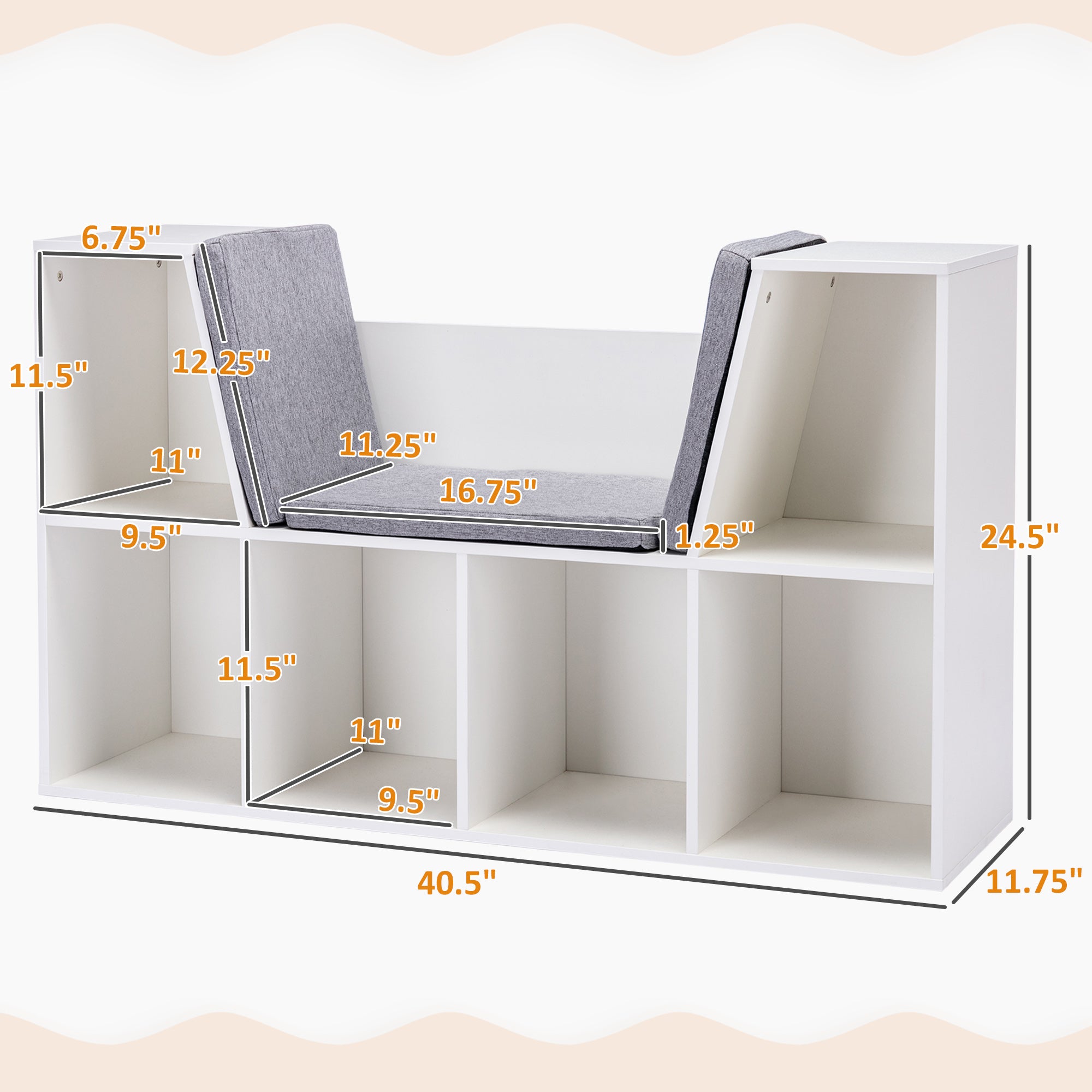 6-Cubby Kids Bookcase with Reading Nook and Cushion, Multi-Purpose Storage Organizer for Bedroom, Living Room, Pure White