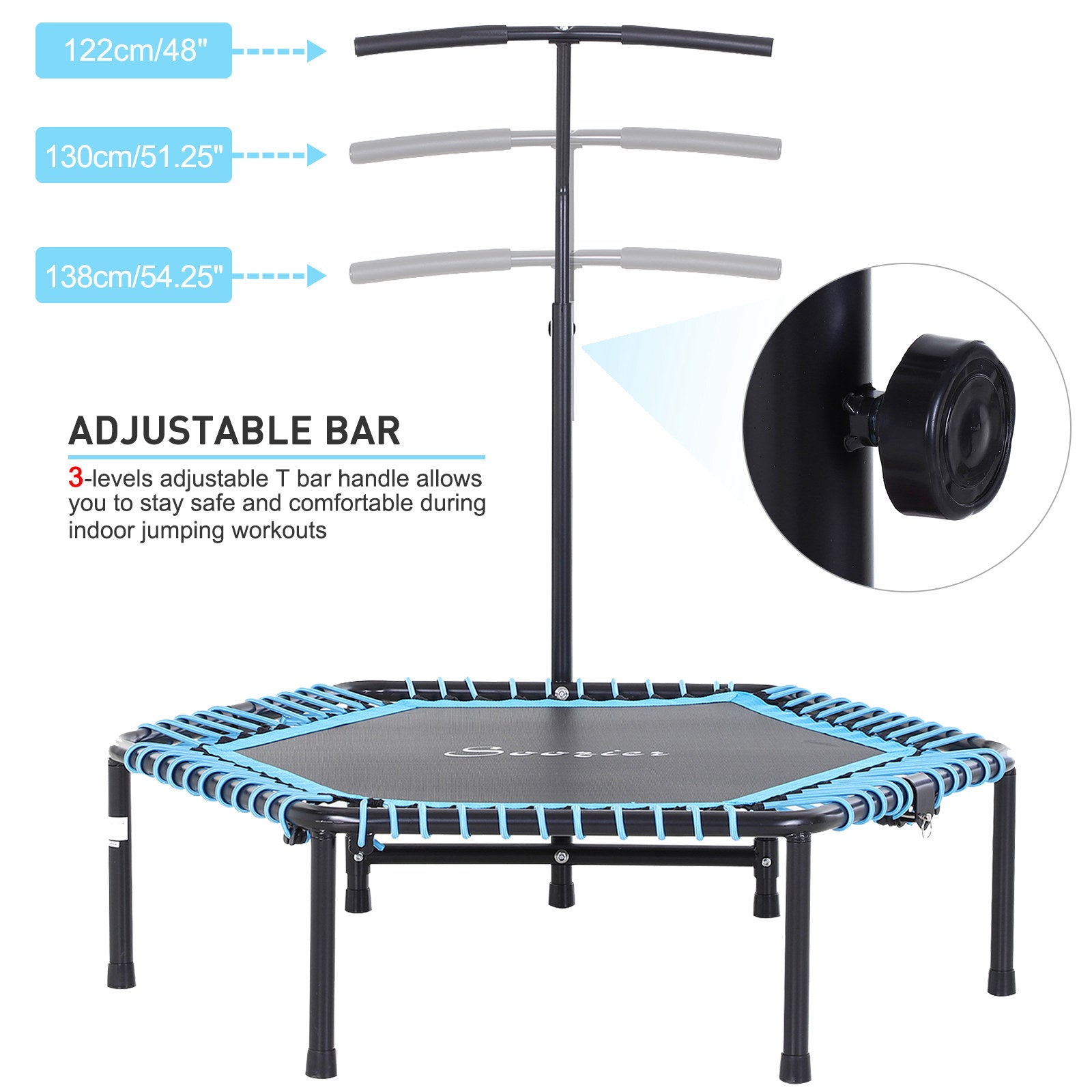 4.5ft Exercise Trampoline, Portable & Foldable Fitness Trampoline Rebounder with 3-Level Adjustable T-Bar, Great for Adults Kids Working Out, Blue