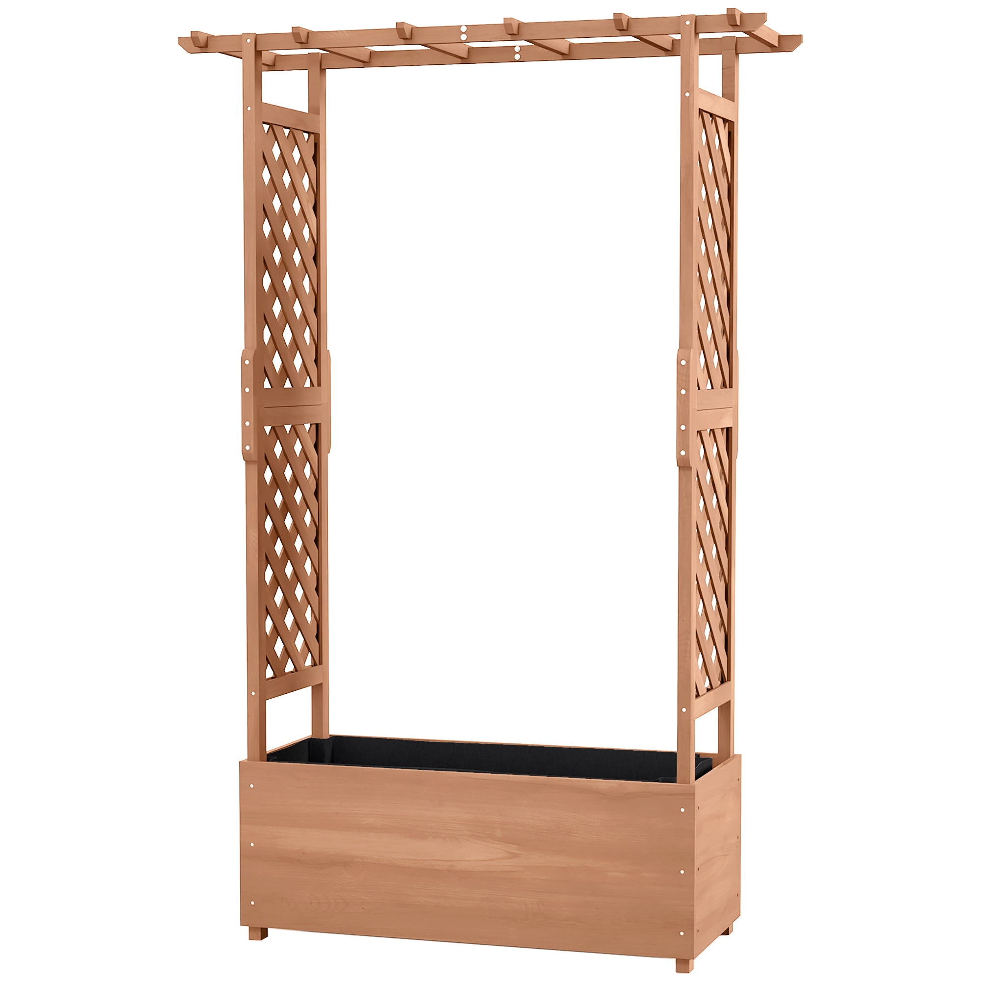 Raised Garden Bed with Trellises and Roof for Climbing Plant Vine, Hanging Flowers, 70.75" Tall Outdoor Wood Planter Box with Drainage & Filter