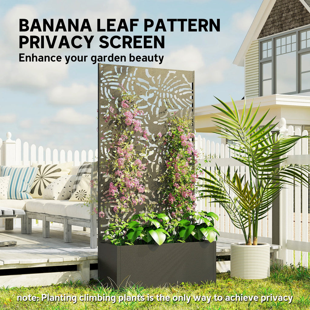 Metal Planter Box with Trellis, 71" Tall Raised Garden Bed with Privacy Screen and Drainage Holes, Banana-Leaf Cut-Outs