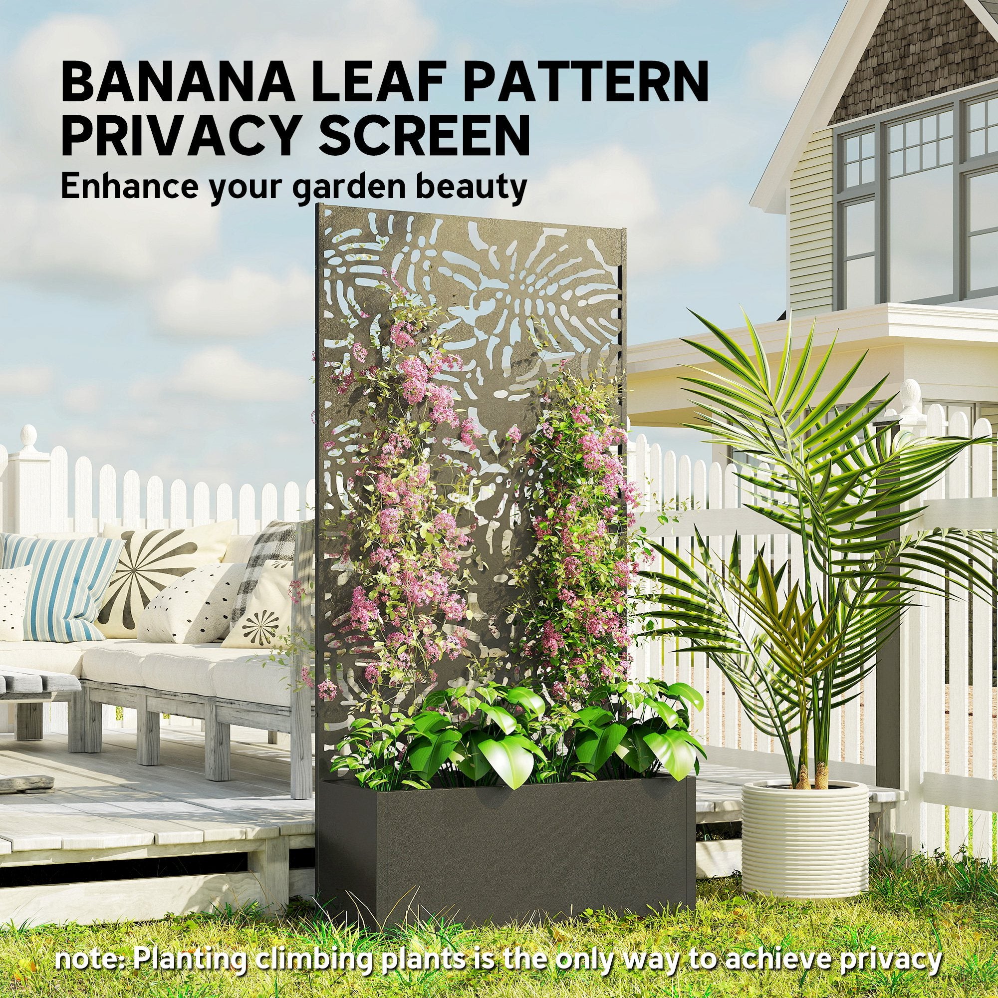 Metal Planter Box with Trellis, 71" Tall Raised Garden Bed with Privacy Screen and Drainage Holes, Banana-Leaf Cut-Outs