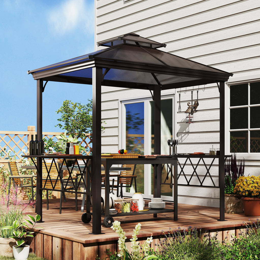 Outside Porch BBQ Cooking Pergola Canopy with 6 Hooks for Utensils and Double Venting Roof, Coffee