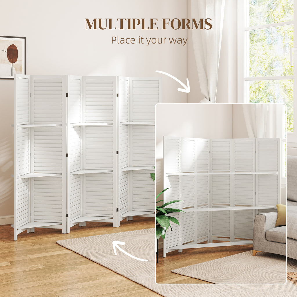 6 Panel 67" Tall Wood Privacy Screen Room Divider with 3 Shelves and Folding Storage for Bedroom, White