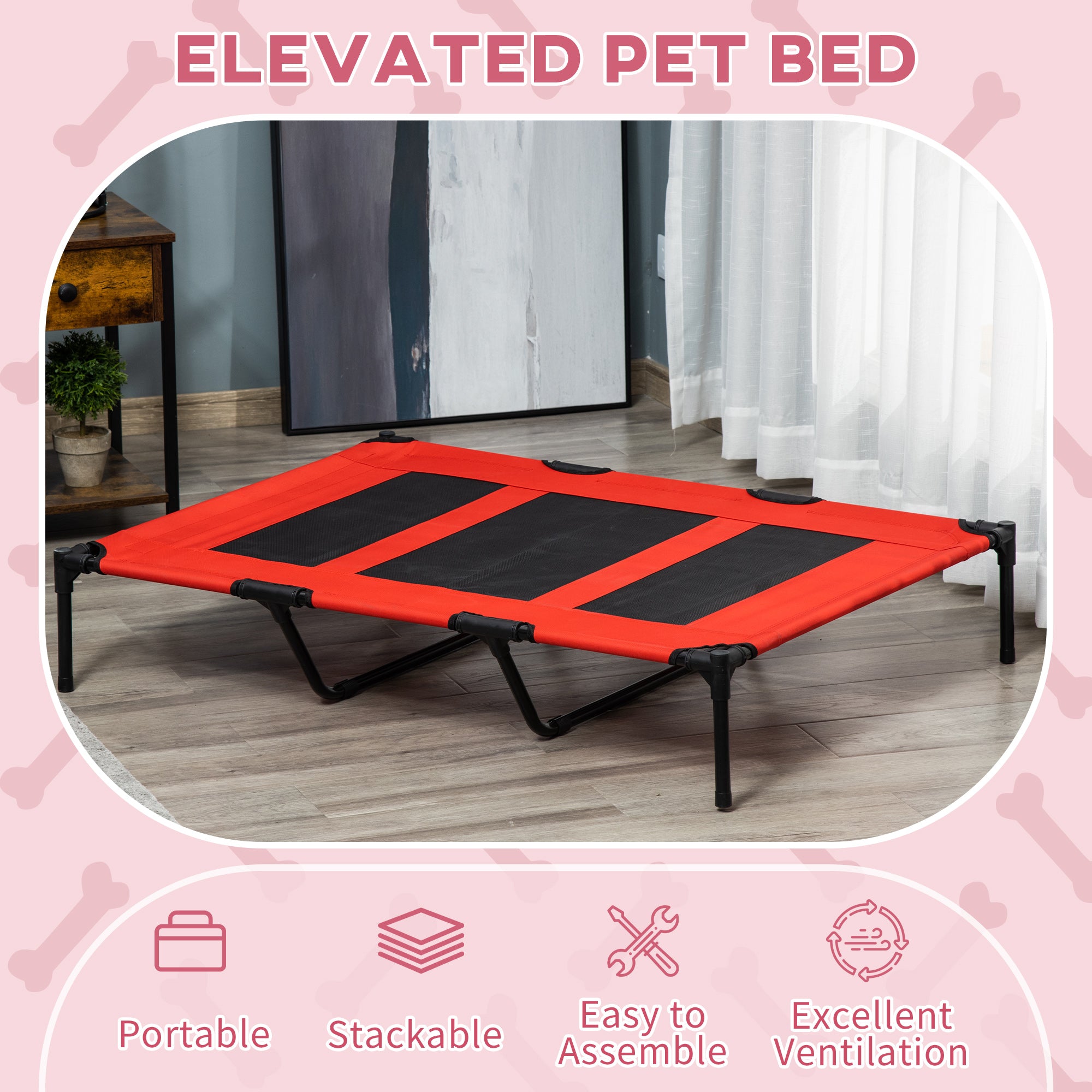 XL Elevated Dog Bed, Outdoor Raised Dog Bed, Portable Pet Cot w/Carry Bag Metal Frame Breathable Mesh Indoor and Outdoor Red