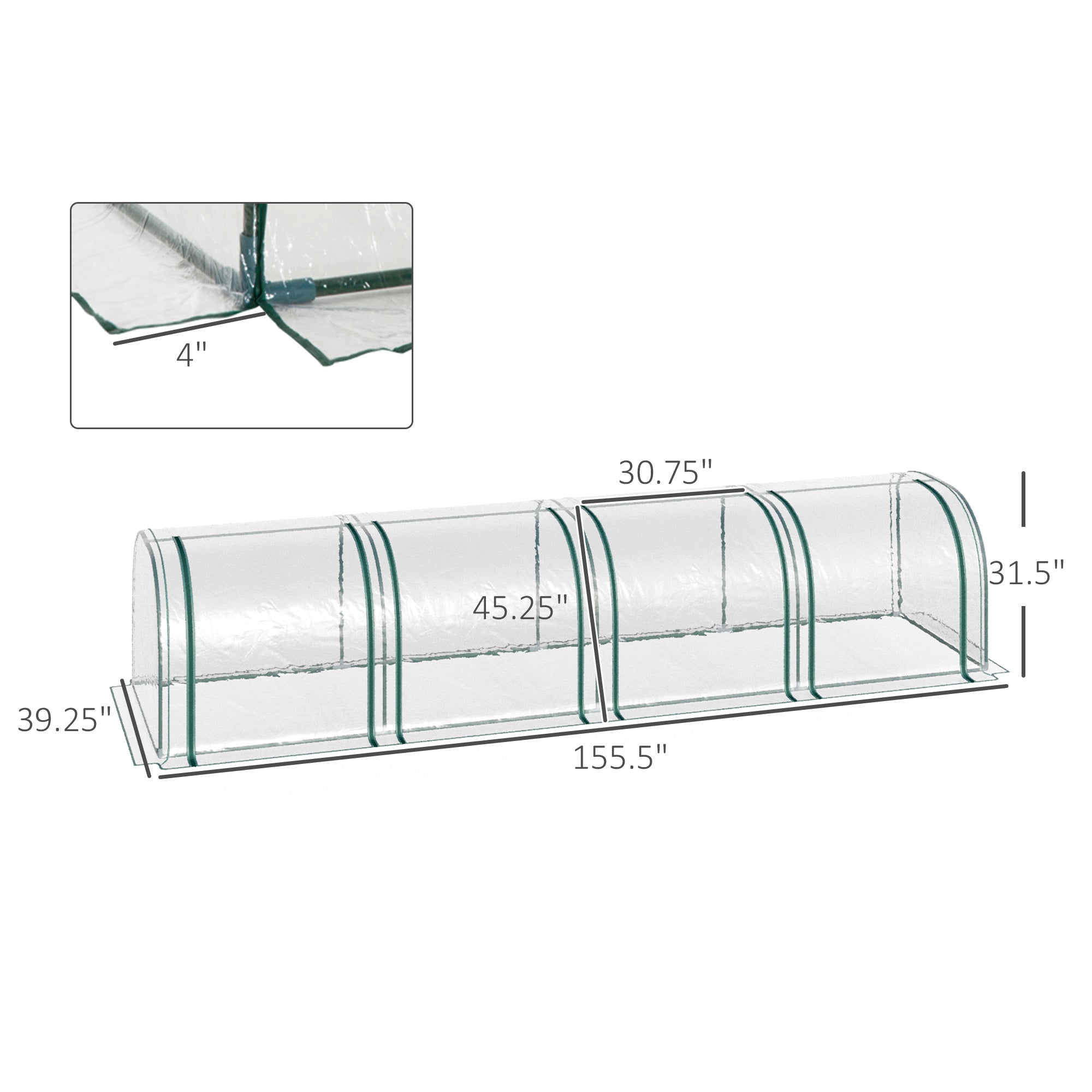 13' L x 3' W x 2.5' H Portable Tunneled Greenhouse with 4 Zippered Doors, Water/UV Fighting PVC Cover, Clear