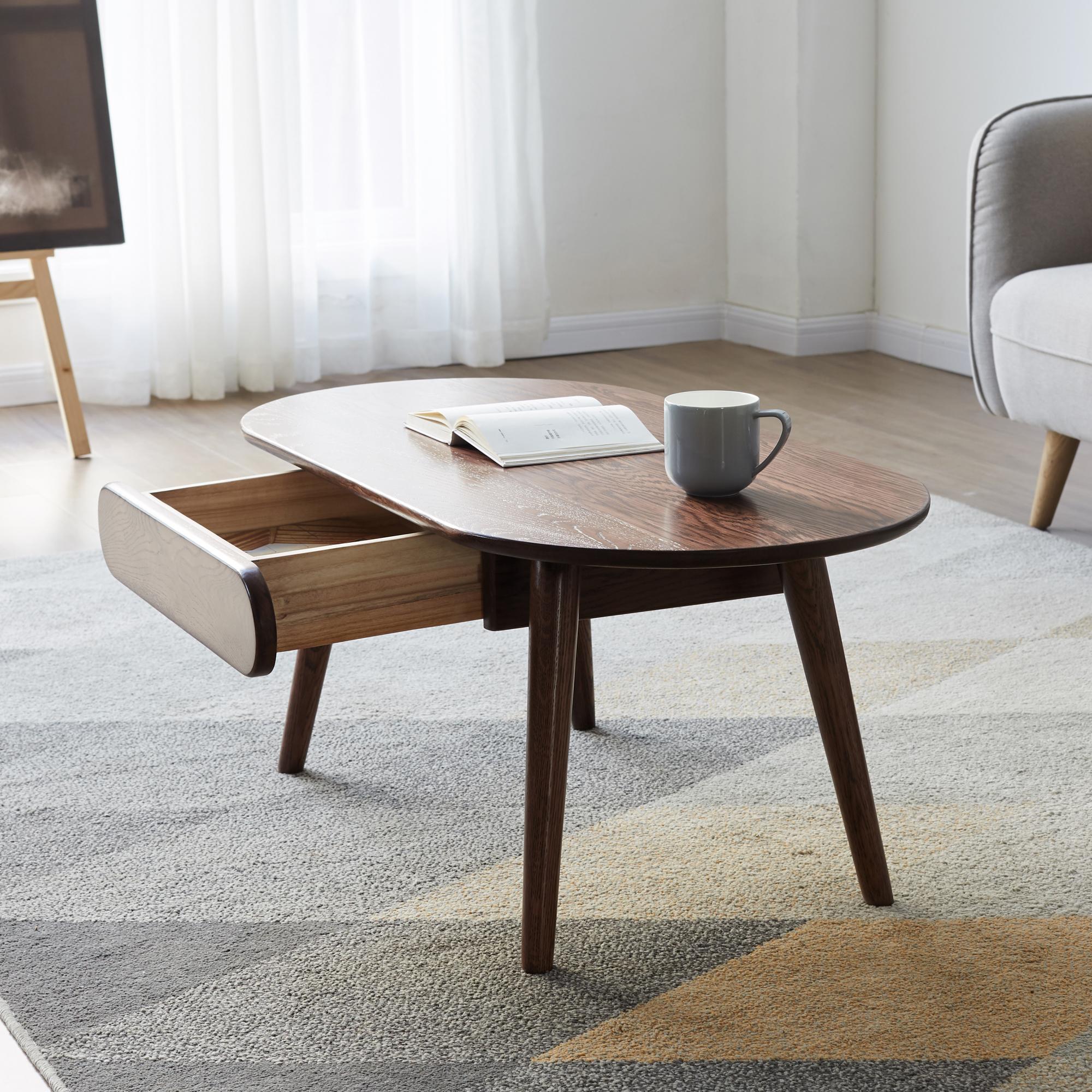 Compact Coffee Table with Storage Drawers and Rounded Edges, Sturdy Center Table with Handle-Free Design, 39.5″ L x 22″ W x 16.5″ H, Oak