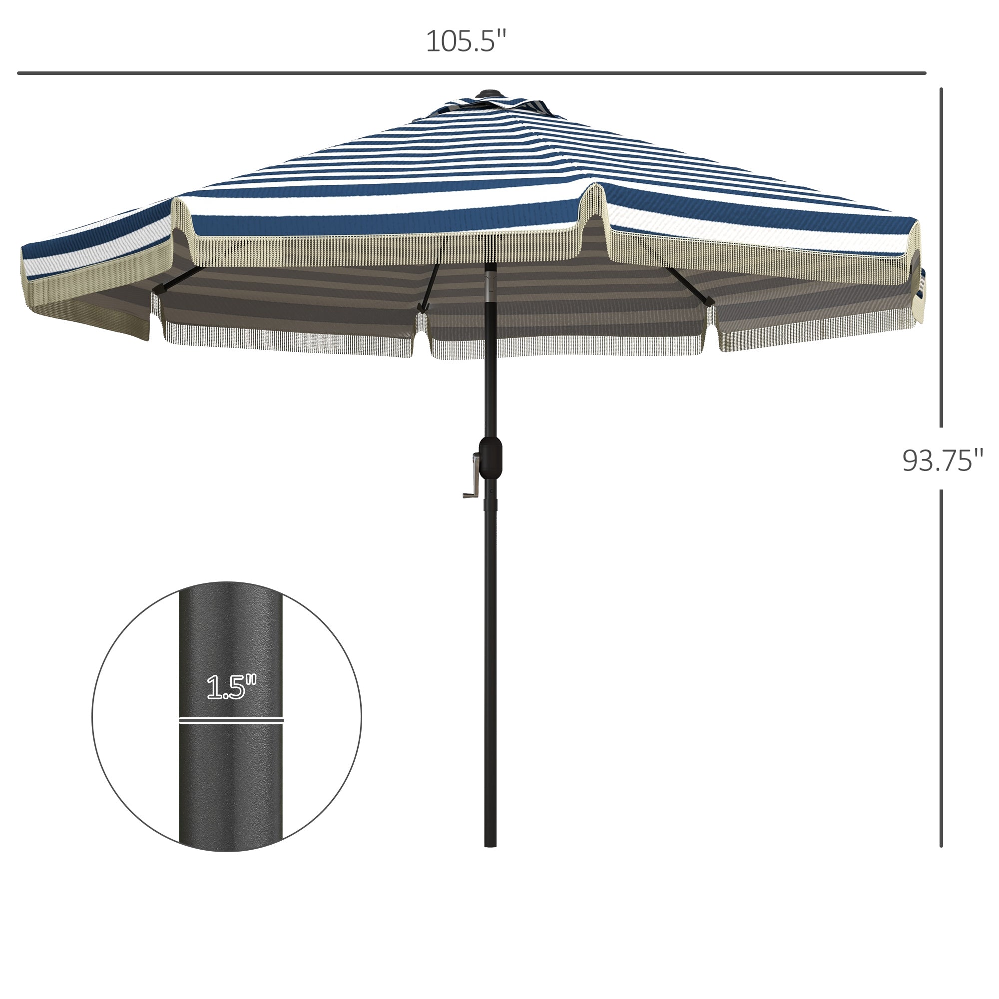 9ft Patio Umbrella Outdoor Table Umbrella w/ Tilt, Crank, Ruffled, 8 Ribs for Garden, Deck, Pool, Blue Stripe