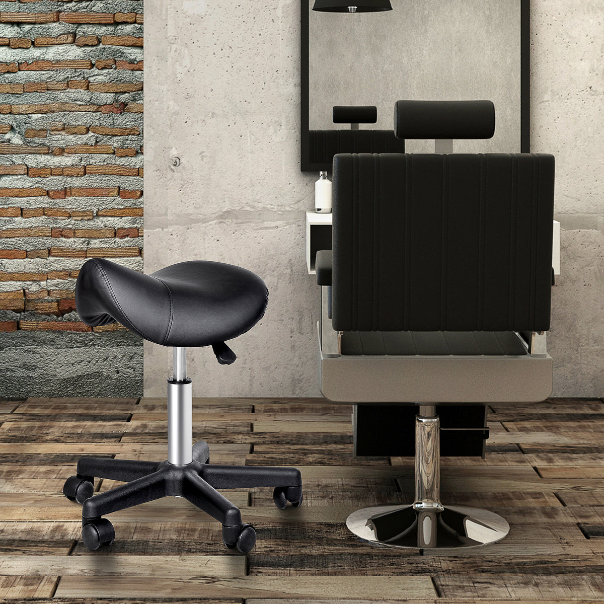 Rolling Saddle Stool, Swivel Salon Chair, Ergonomic Faux Leather Stool, Adjustable Height with Wheels for Spa, Salon, Massage, Office, Black