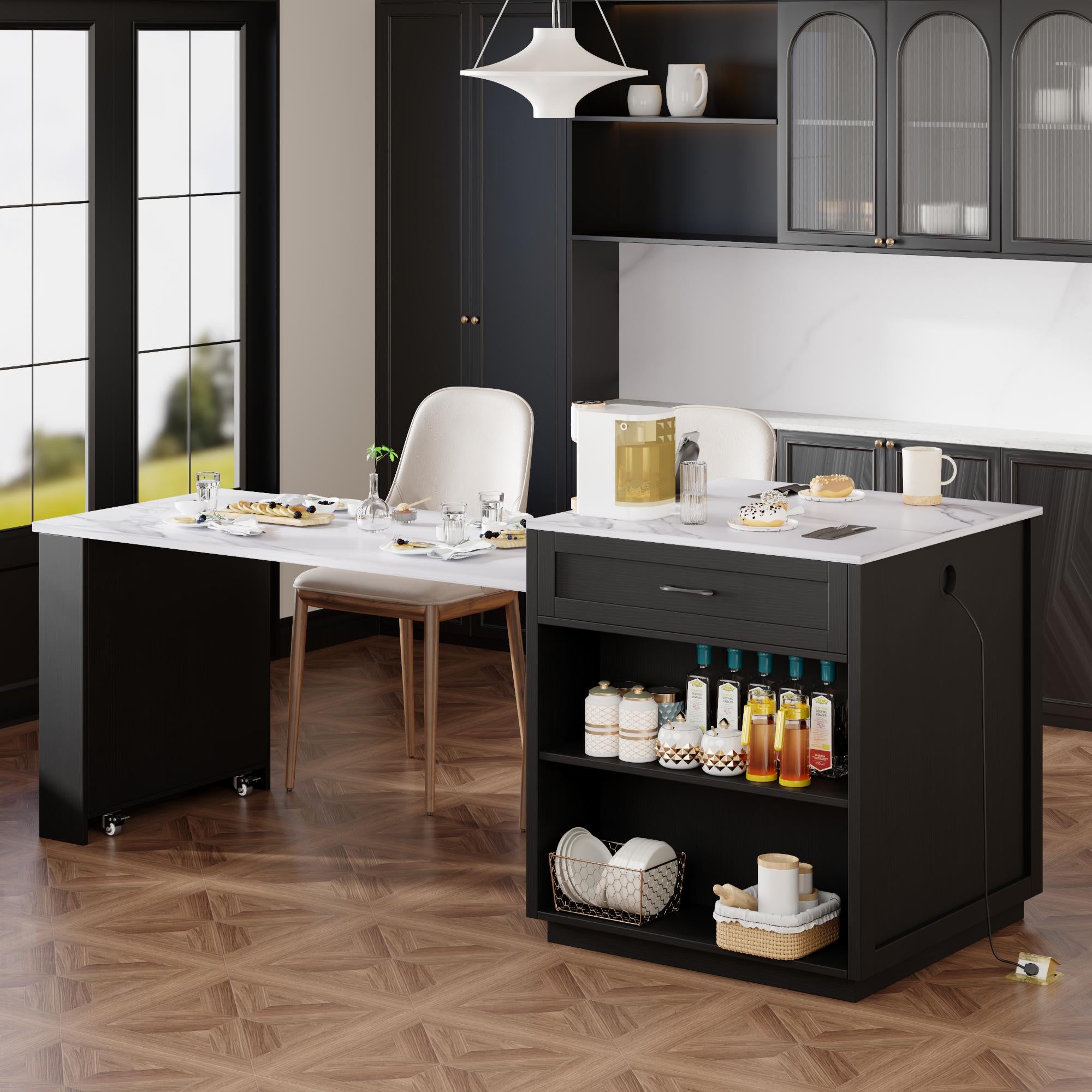 Kitchen Island with Extendable Dining Table for 4-6, Faux Marble Top, Double-Sided Storage, Power Outlet, 2 Drawers, 2 Side Open Shelves, Black