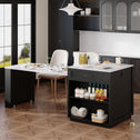 Kitchen Island with Extendable Dining Table for 4-6, Faux Marble Top, Double-Sided Storage, Power Outlet, 2 Drawers, 2 Side Open Shelves, Black