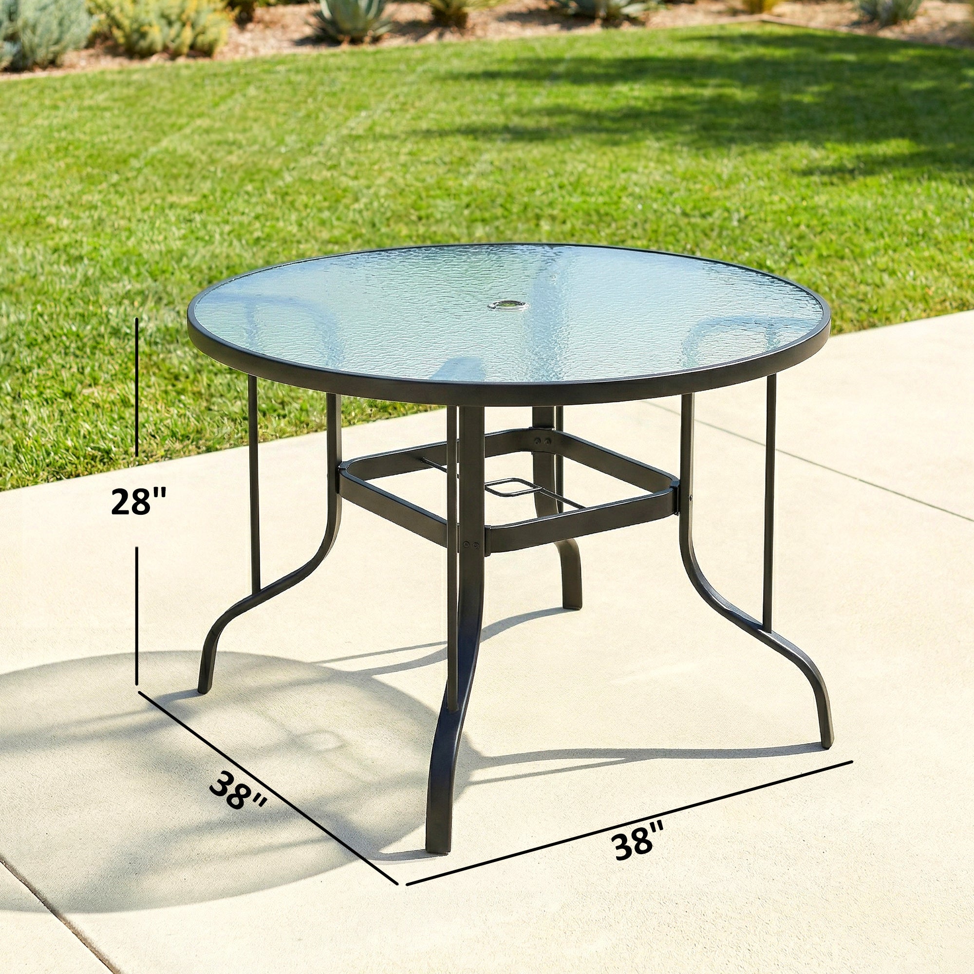 38" Round Patio Table with Umbrella Hole, Tempered Glass Outdoor Dining Table, Black