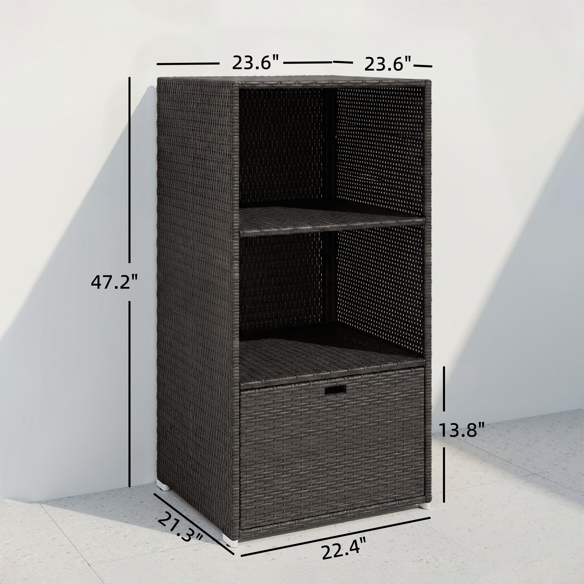 Valet Pool Towel Rack, Water-Resistant PE Plastic Rattan Wicker Storage Organizer, 2 Shelves, 1 Basket Drawer