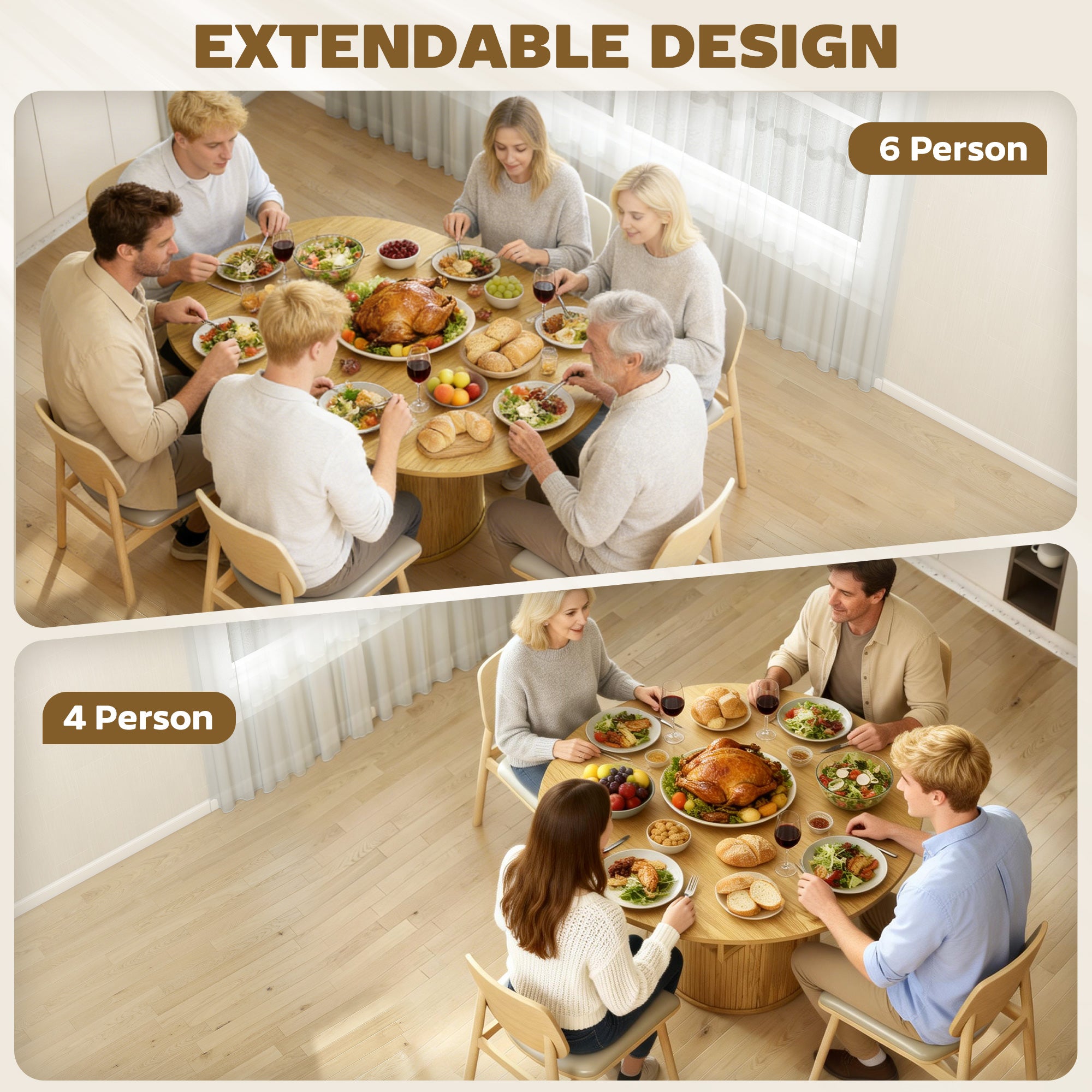 Extendable Dining Table for 6, 60" Farmhouse Kitchen Table with 2-Tier Storage Shelf and Fluted Sliding Doors, Natural