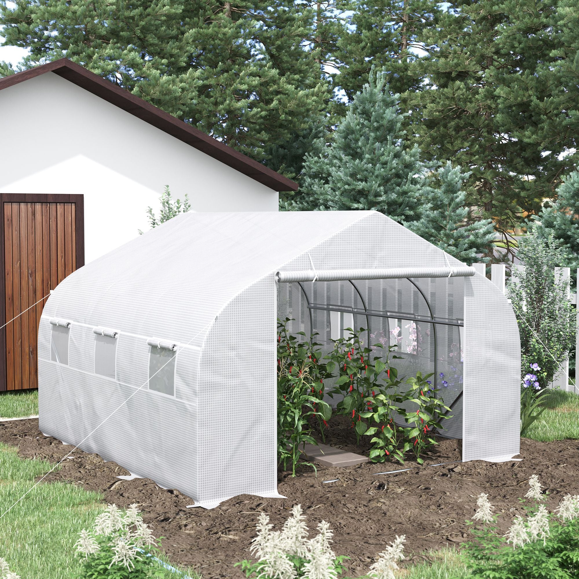 11.5' x 10' x 6.5' Walk-in Greenhouse, Tunnel Green House with Zippered Door and 6 Mesh Windows, Gardening Plant Hot House with Galvanized Steel Frame, White