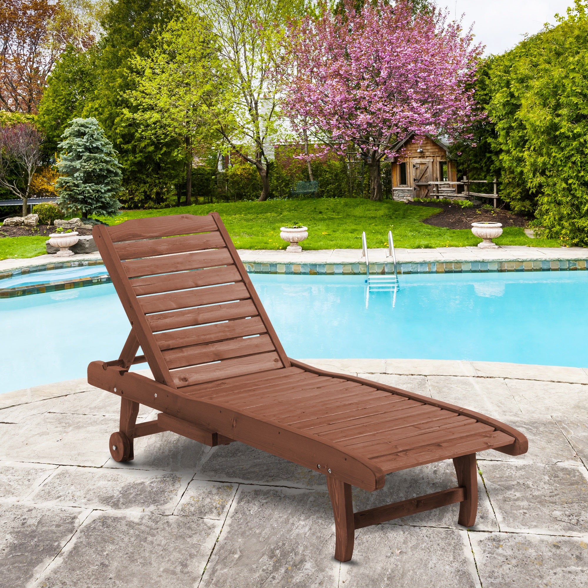 Chaise Lounge Chair Outdoor Wooden Pool Lounge Chair with 3-level Adjustable Backrest, Built-In Table and Rolling Wheels, Sun Tanning Chair for Beach Poolside Sunbathing, Brown Red