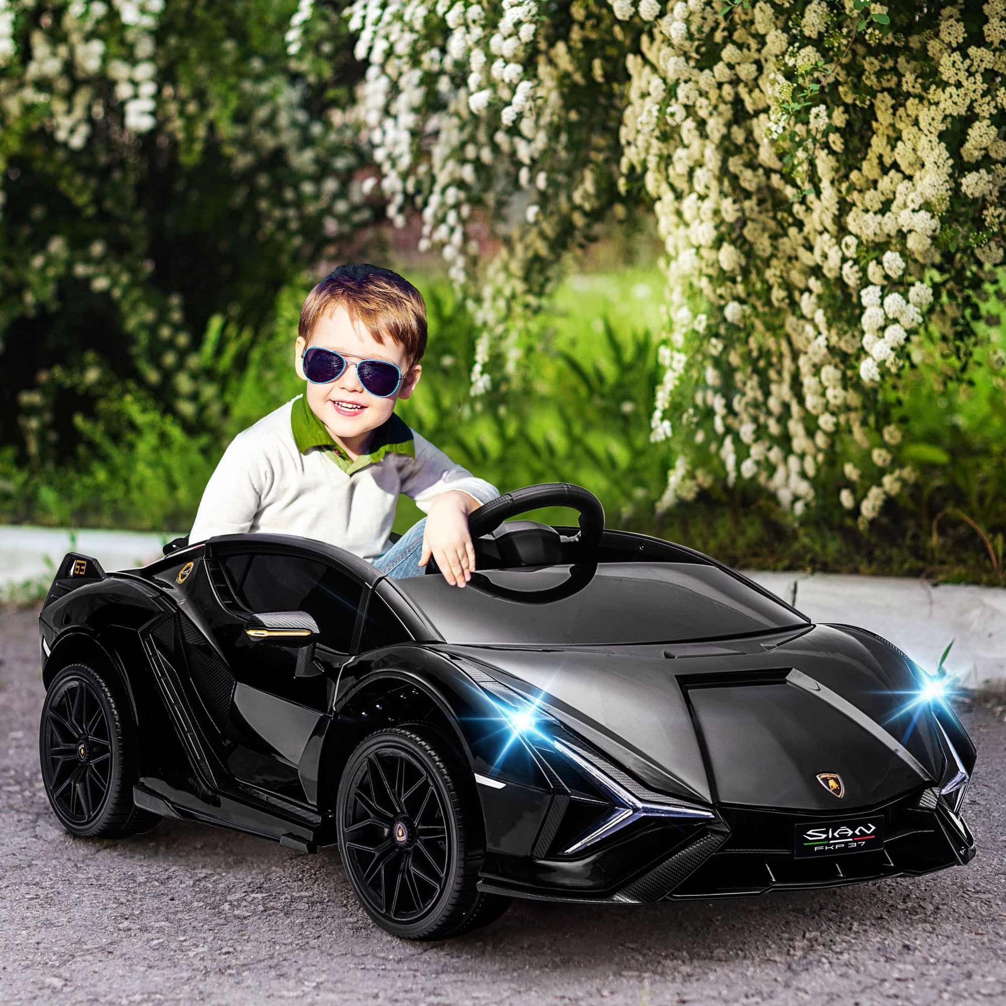 12V SIAN Licensed Electric Car for kids with Remote Control, Horn, Music, & Headlights, Black