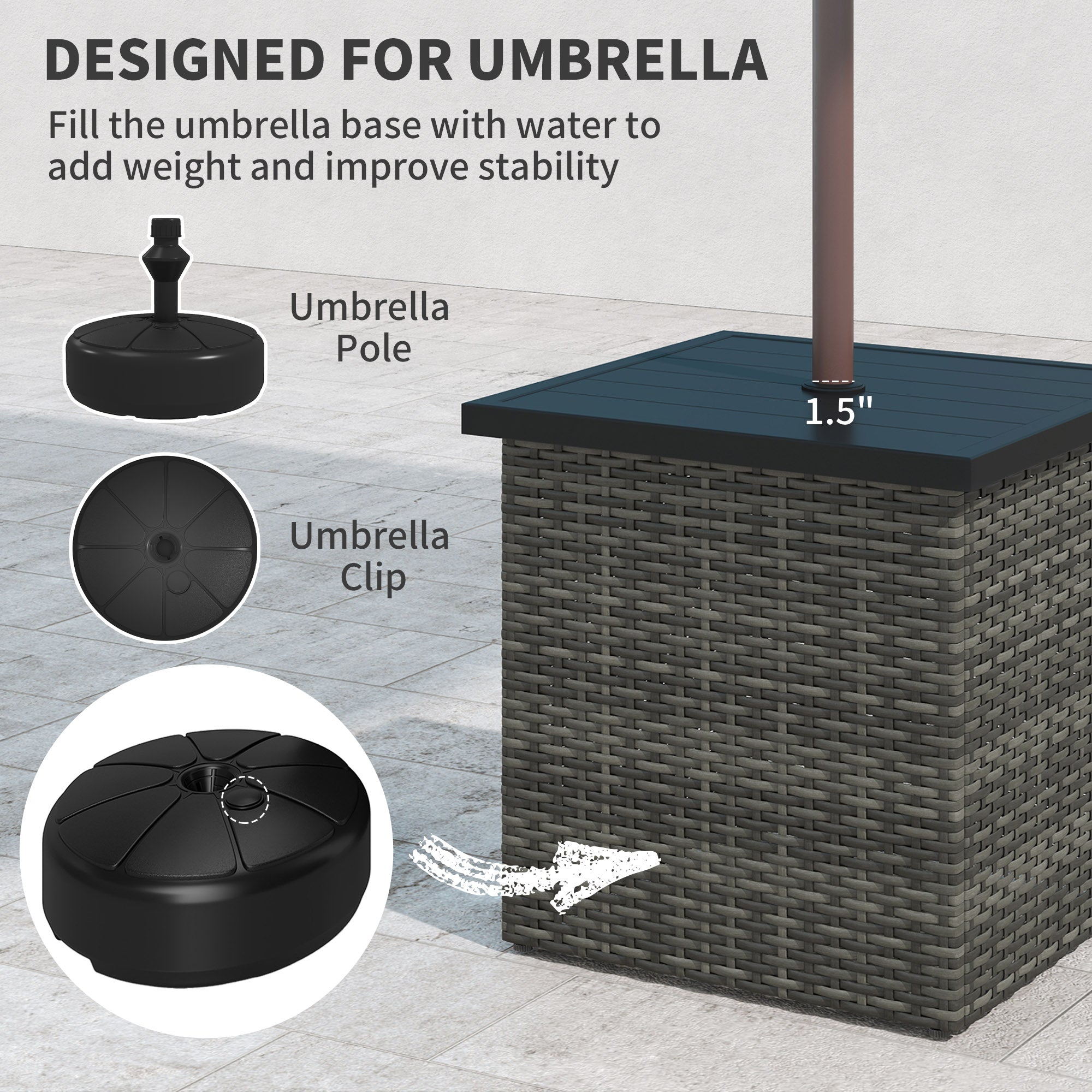 Wicker Side Table with 1.5" Umbrella Hole, Square Outdoor End Table with UV-Resistant Frame, Storage Space, Mixed-Gray