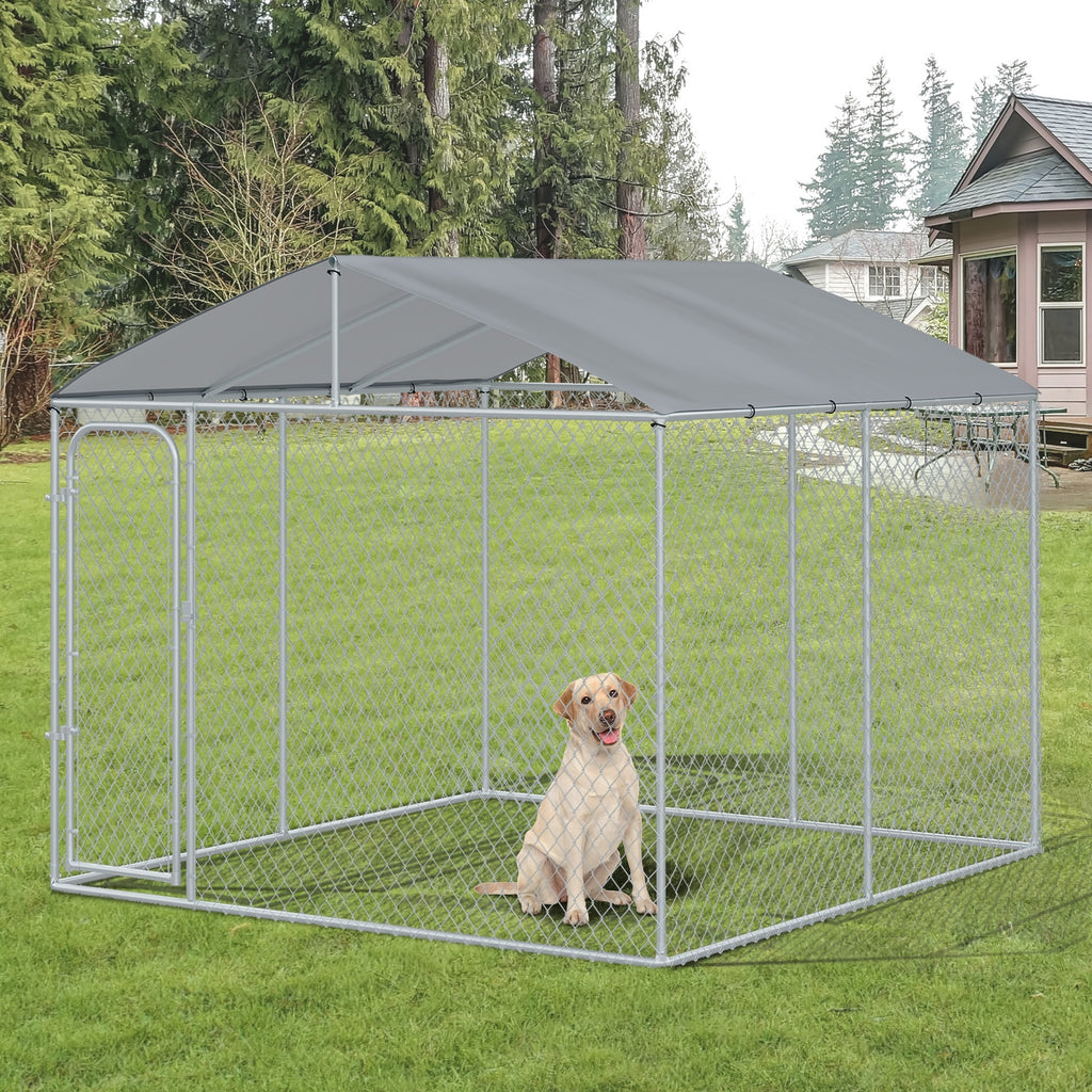 Outdoor Dog Kennel Galvanized Steel Fence with Cover Secure Lock Mesh Sidewalls for Backyard 9.8' x 9.8' x 7.7'