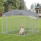 Outdoor Dog Kennel Galvanized Steel Fence with Cover Secure Lock Mesh Sidewalls for Backyard 9.8' x 9.8' x 7.7'
