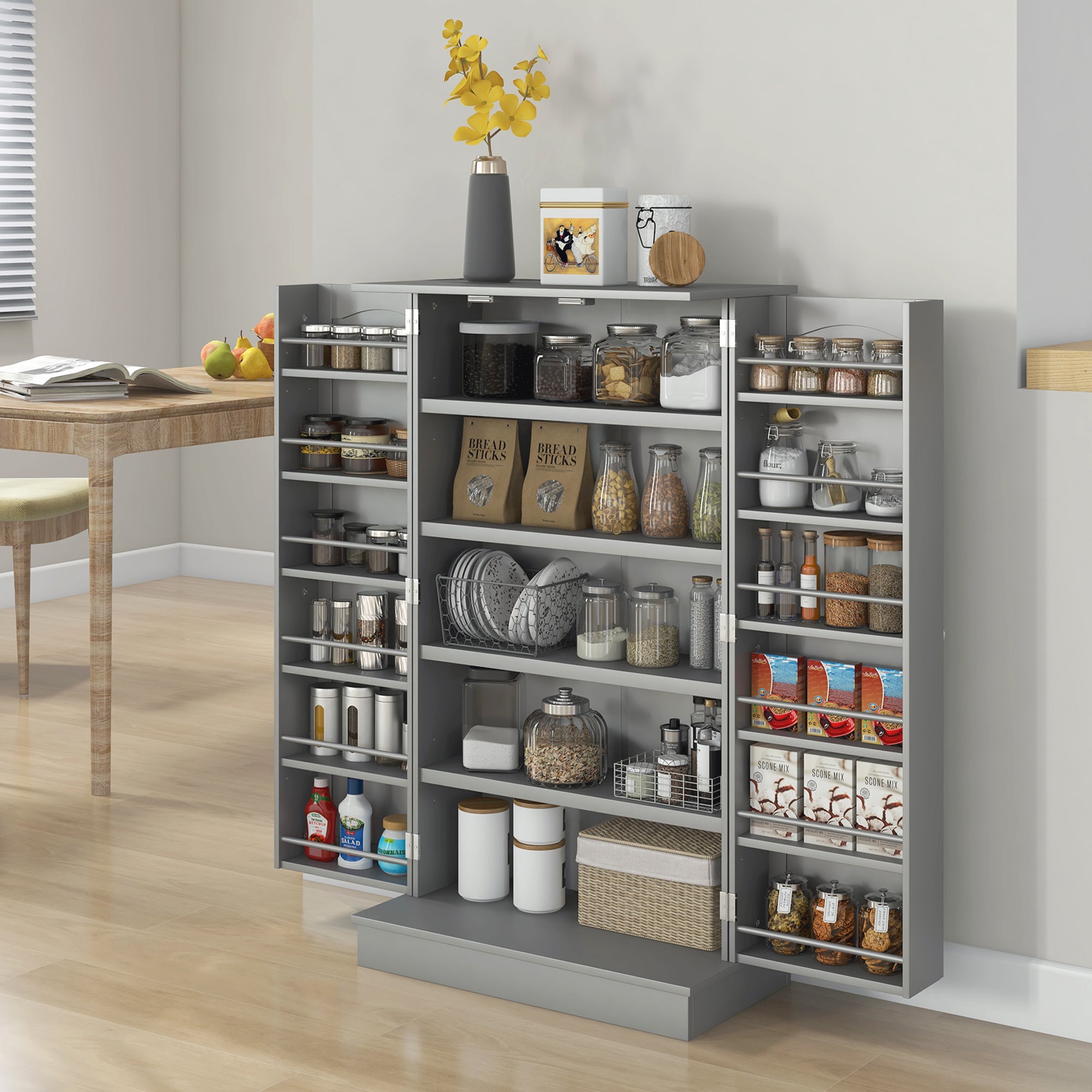 Freestanding Kitchen Pantry Cabinet, Kitchen Cabinet with 12 Door Shelves, Double Doors, 5-tier Shelving, Gray