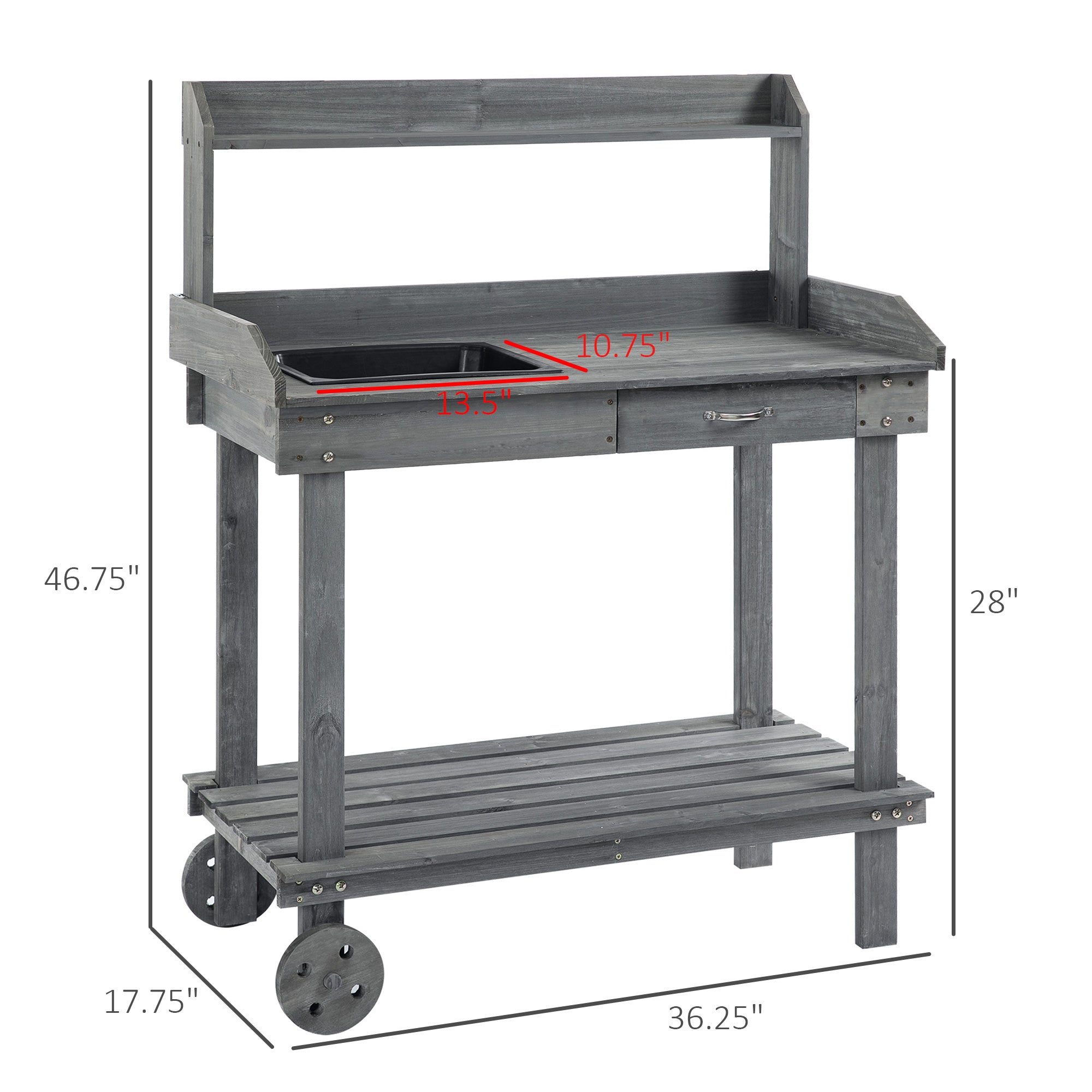 36'' Wooden Potting Bench Work Table with 2 Removable Wheels, Sink, Drawer & Large Storage Spaces, Gray