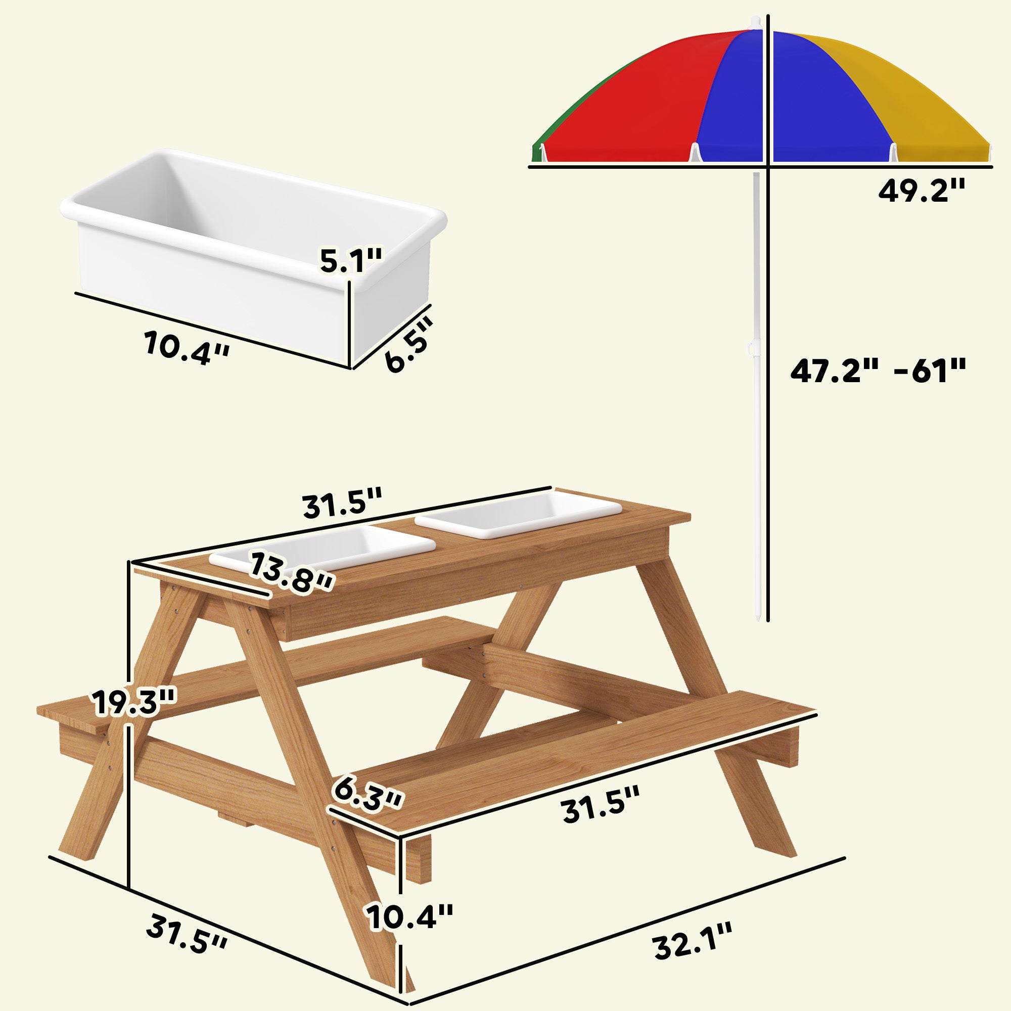 Wooden Outdoor Kids Picnic Table with Removable Umbrella, Children Sand and Water Activity Table for Patio, Mixed Color