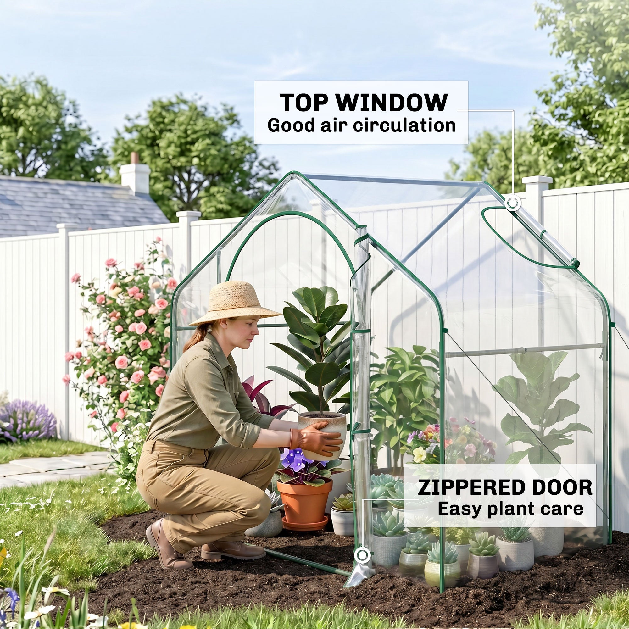 6' x 3' x 5' Portable Walk-in Greenhouse, Plastic Cover, Steel Frame Garden Hot House, Zipper Door, Top Vent for Flowers, Vegetables, Saplings, Tropical Plants, Clear