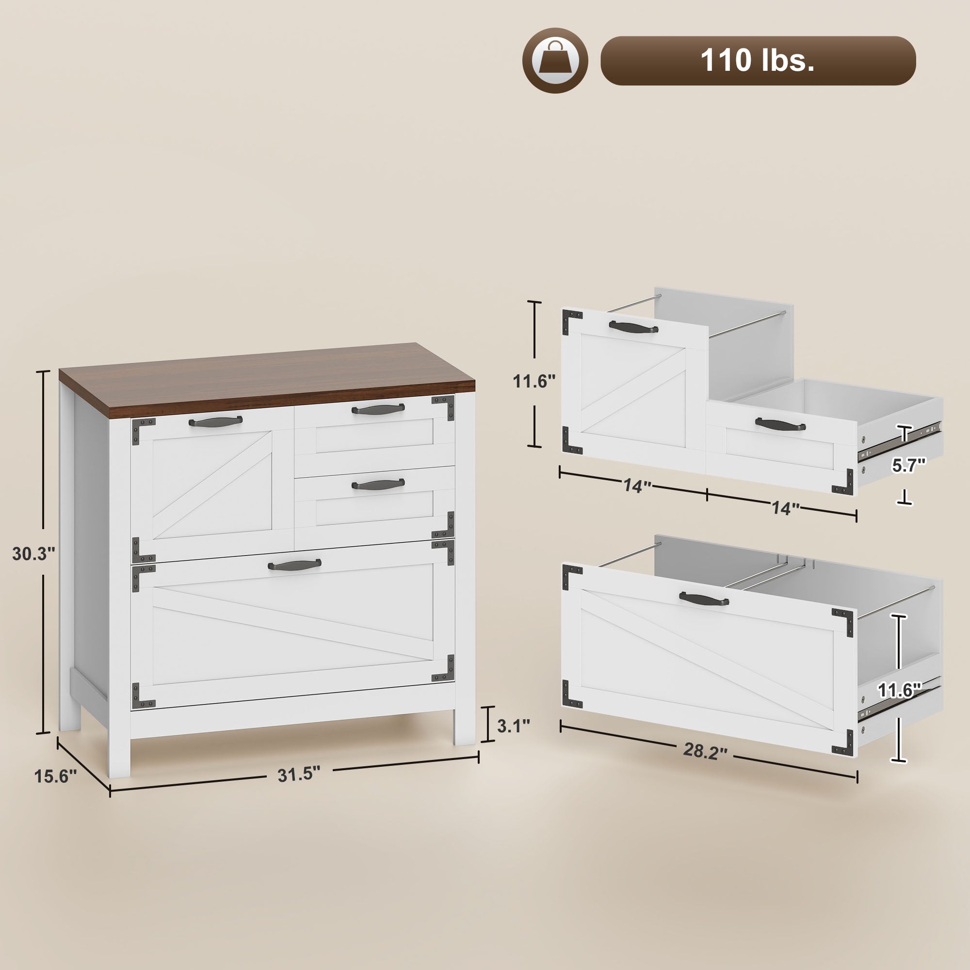 Lateral Filing Cabinet, Farmhouse File Cabinet with 4 Drawers, Fit Letter/A4/Legal Hanging Files, White