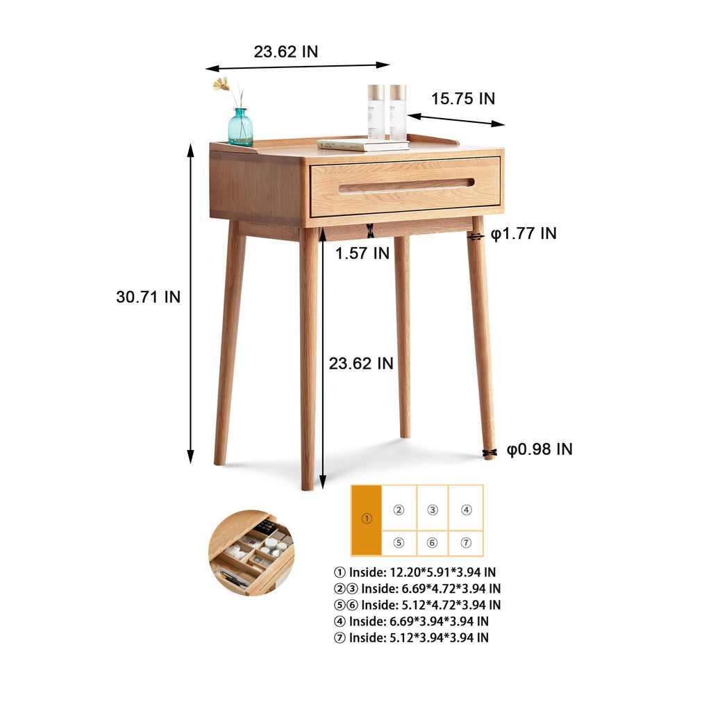 Compact Makeup Vanity Table with Storage Drawer, Assembled Nightstand with Desktop for Bedroom, 23.5″ L x 15.5″ W x 30.5″ H, Oak