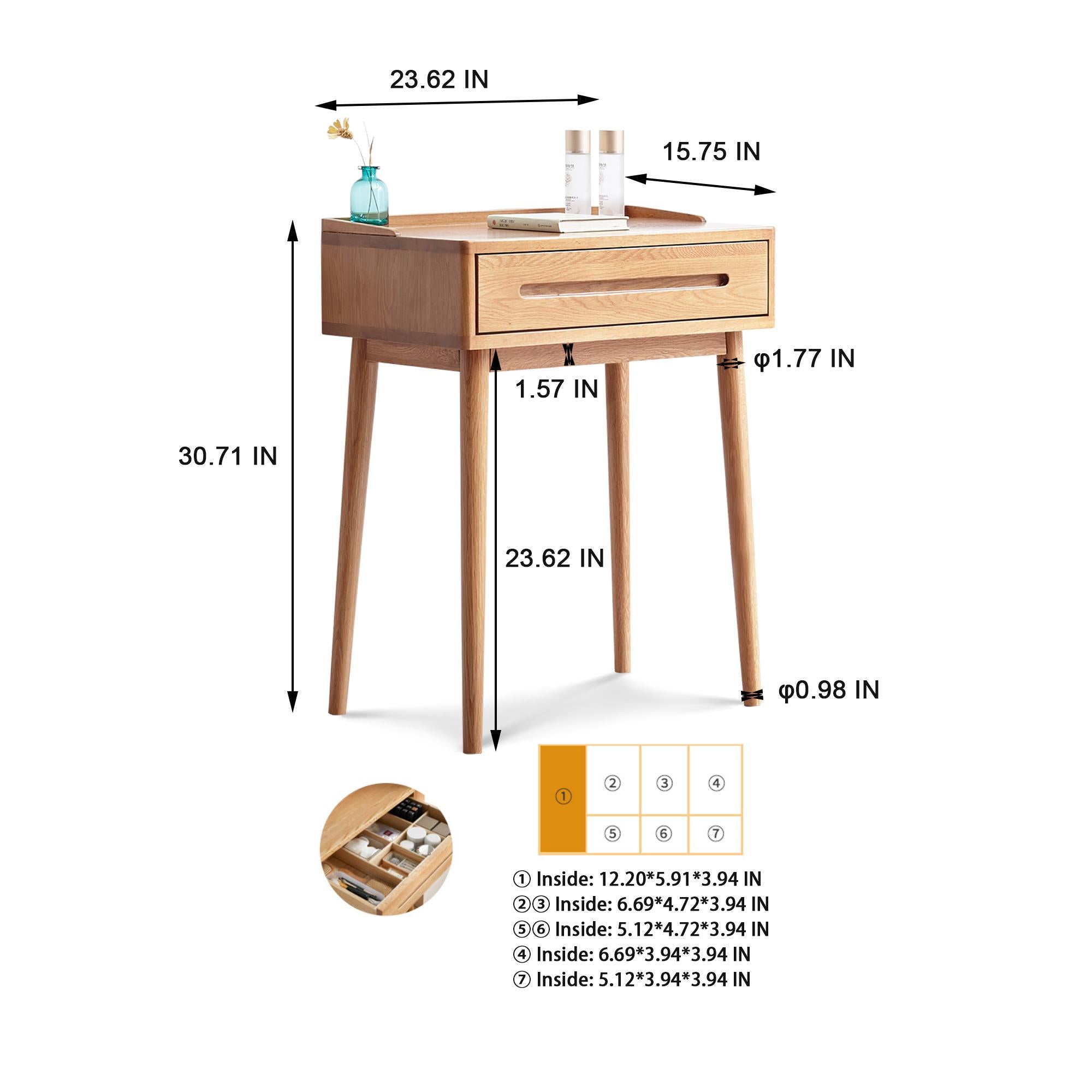 Compact Makeup Vanity Table with Storage Drawer, Assembled Nightstand with Desktop for Bedroom, 23.5″ L x 15.5″ W x 30.5″ H, Oak