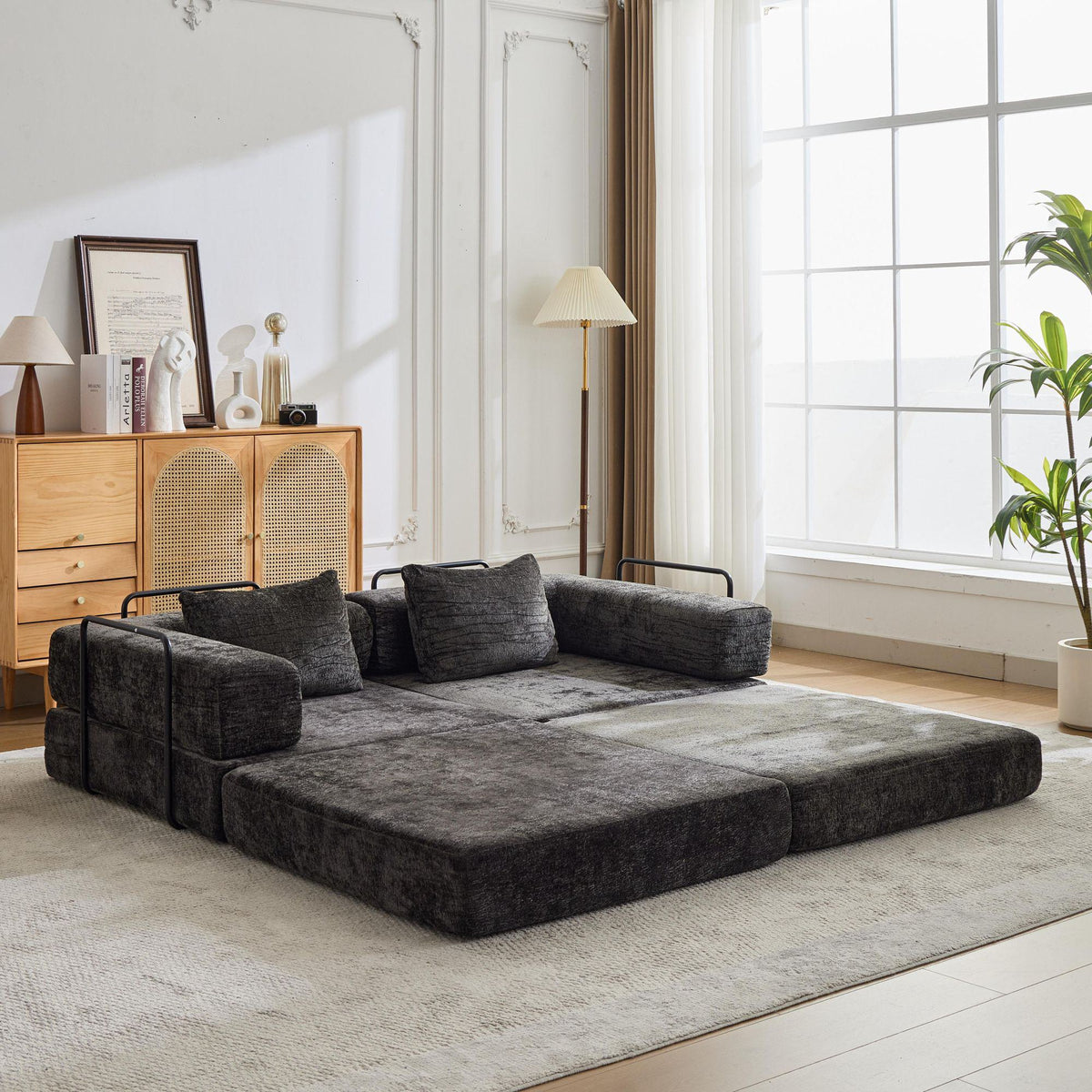 Convertible Sofa Bed Floor Sofa with Fixed-Shape Frame, Chenille Fabric Loveseat Modular Sectional for Apartments, Compressed Sofa 79" L x 39.5" W x 25" H, Black