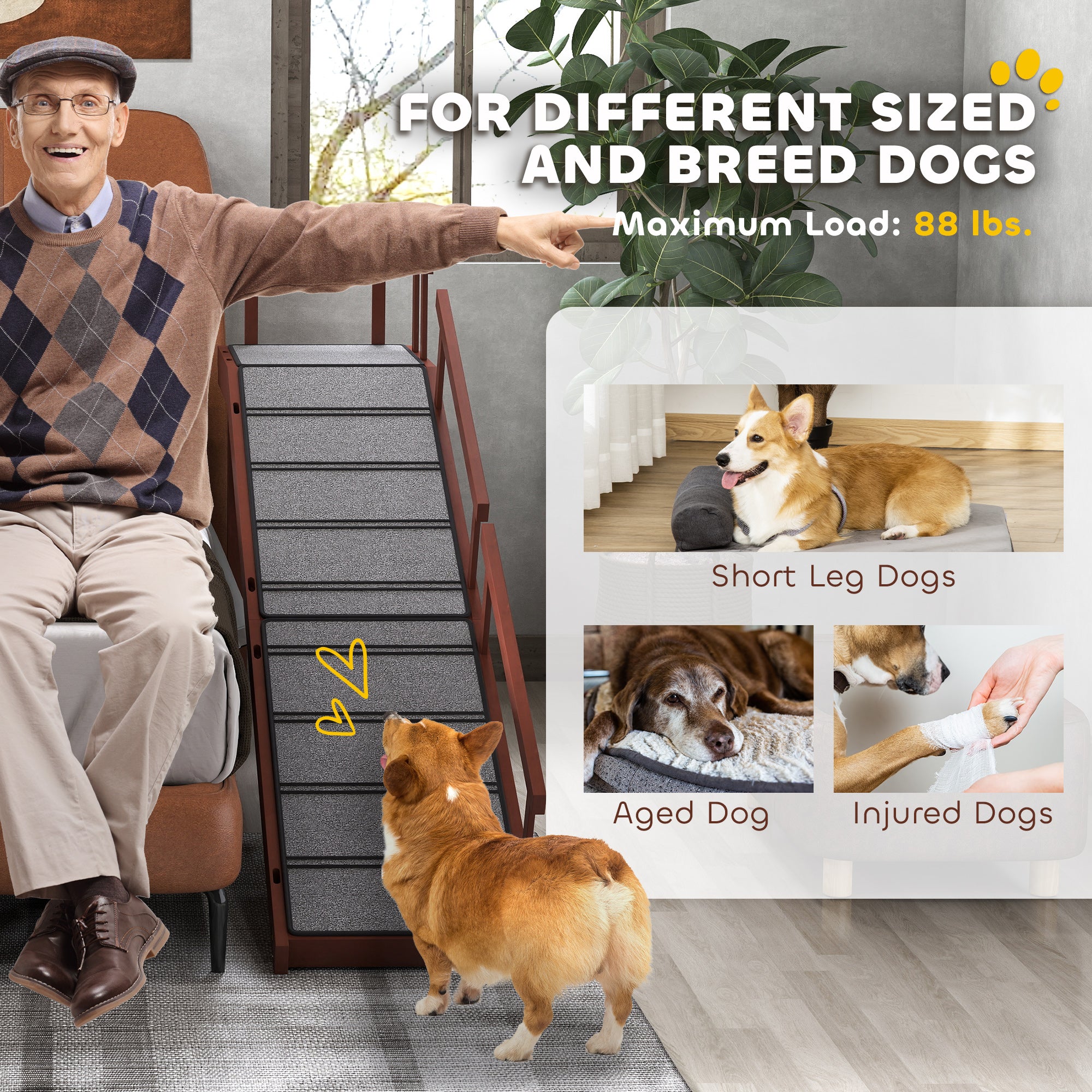 Wooden Dog Ramp with Removable Guardrails, Non-Slip Surface, 70.5" Long, Brown