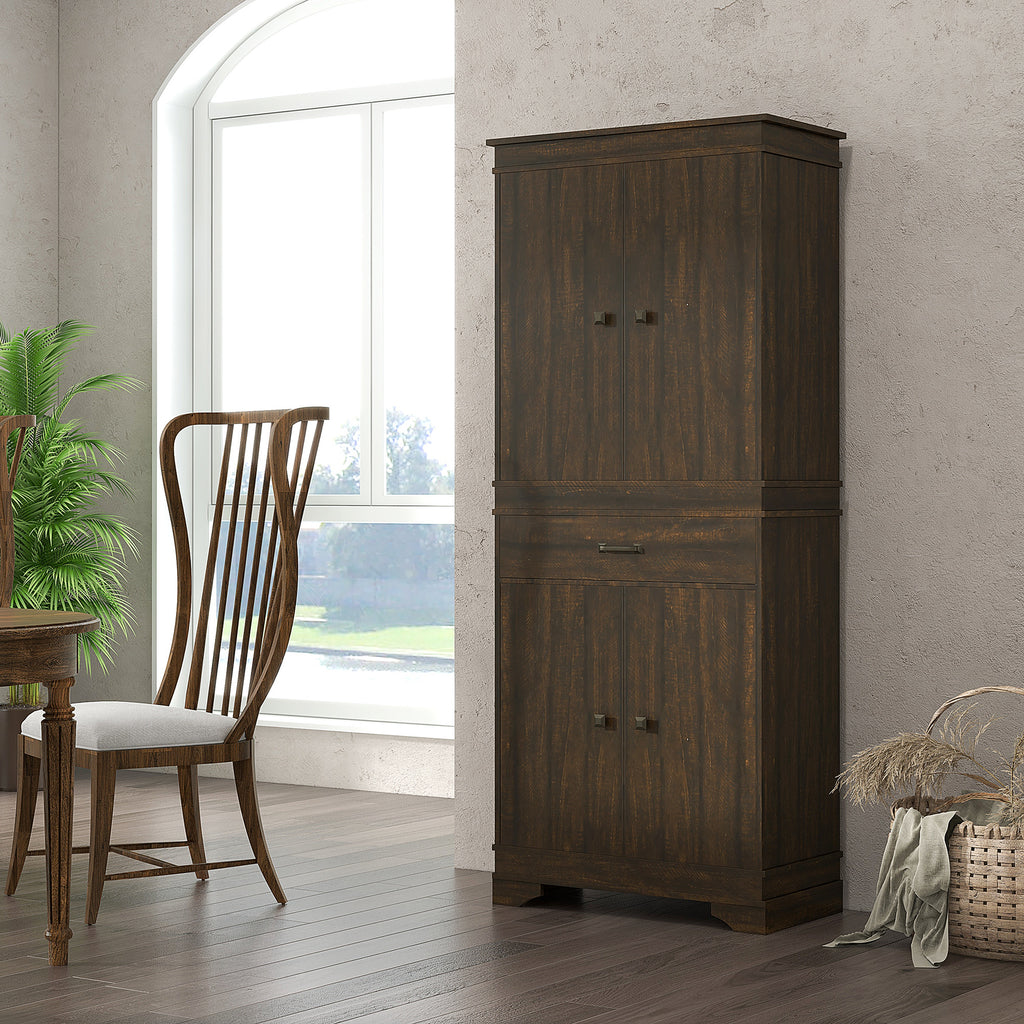 72" 4-Door Kitchen Pantry with Drawer and 3 Shelves, Walnut