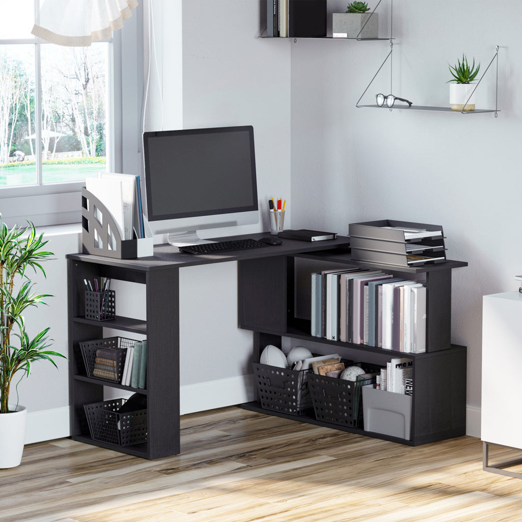 L Shaped Desk, Corner Computer Desk, 360 Degree Rotating Home Office Desk with Storage Shelves, Writing Table Workstation, Black