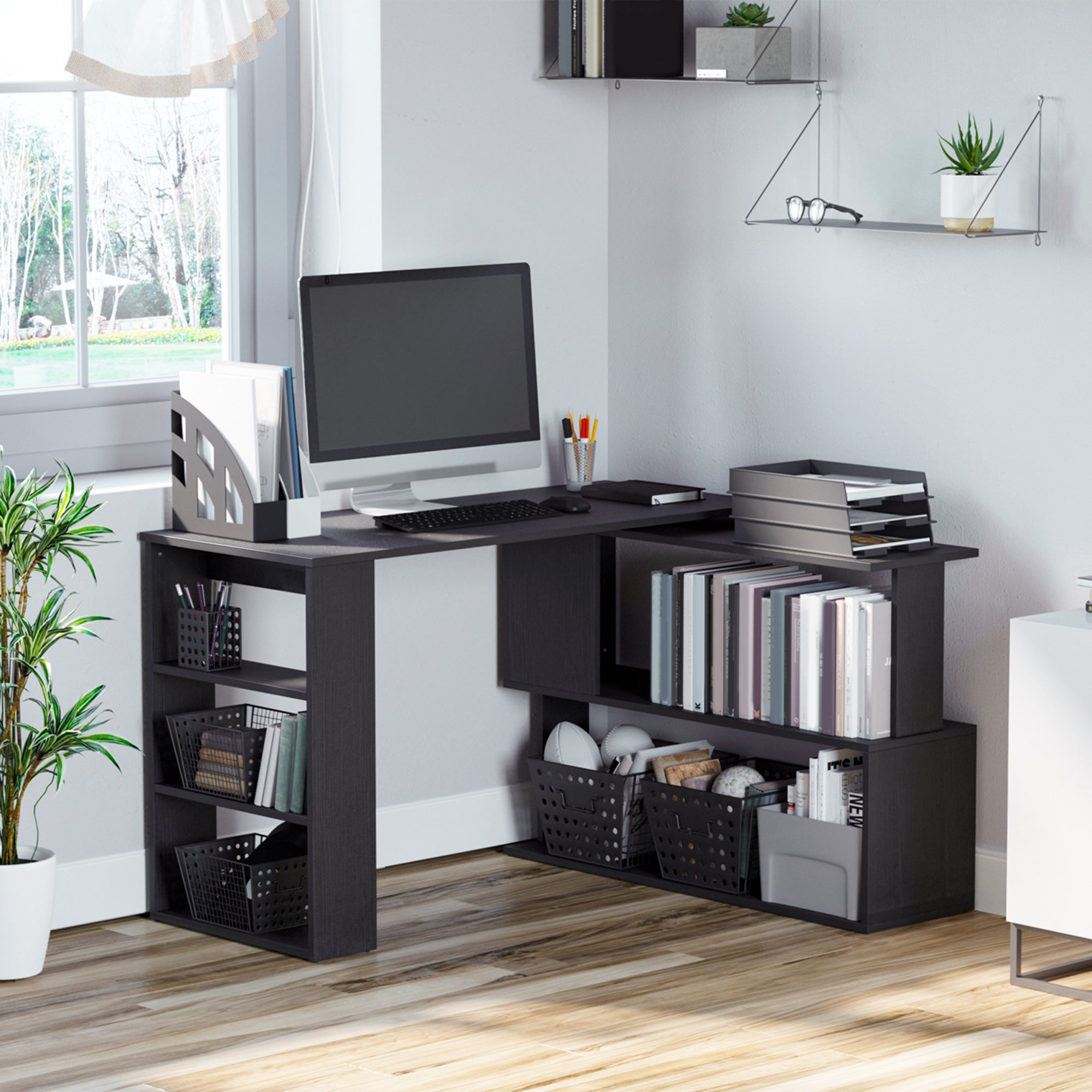 L Shaped Desk, Corner Computer Desk, 360 Degree Rotating Home Office Desk with Storage Shelves, Writing Table Workstation, Black