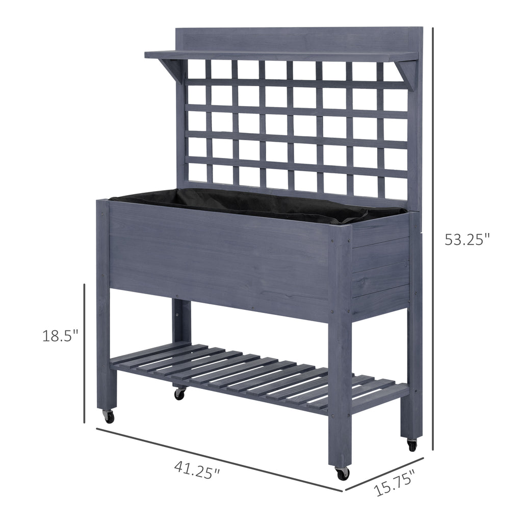 41" Raised Garden Bed Mobile Elevated Wooden Planter Box Stand with Wheels, Trellis and Storage Shelf, Gray