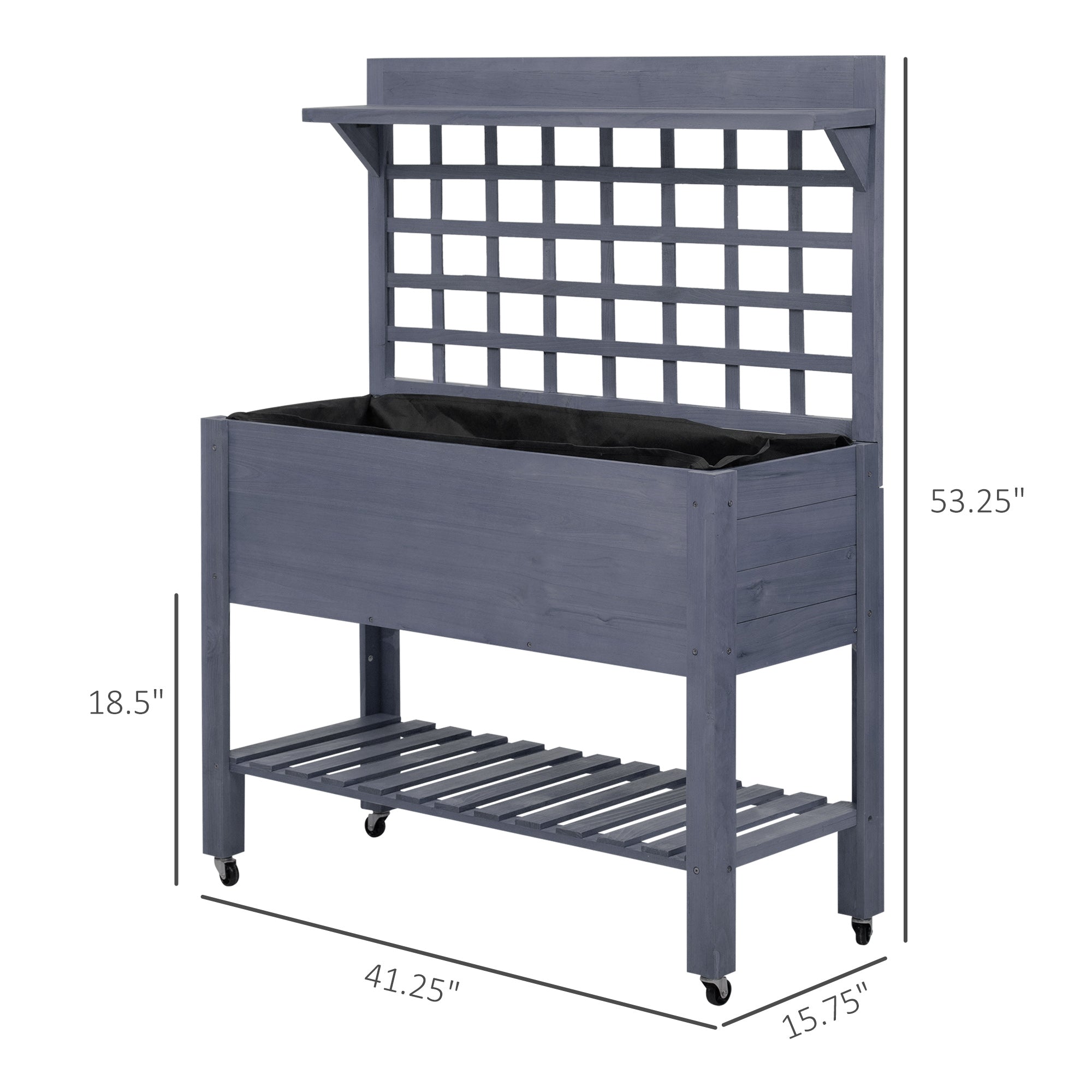 41" Raised Garden Bed Mobile Elevated Wooden Planter Box Stand with Wheels, Trellis and Storage Shelf, Gray