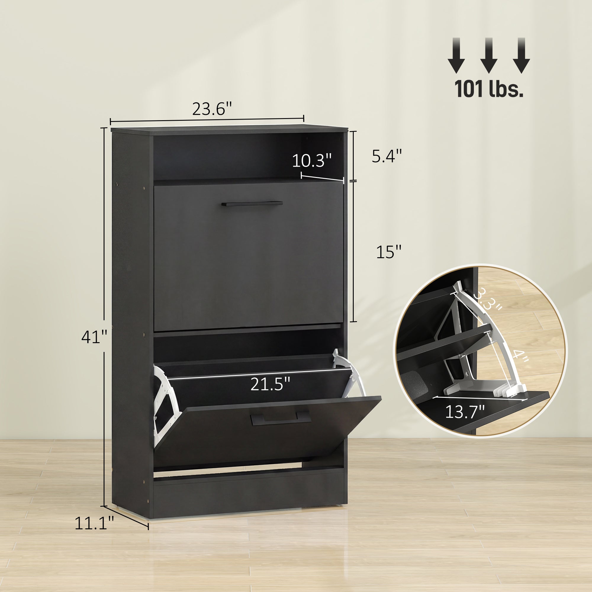 Shoe Cabinet 2 Flip Drawers Adjustable Dividers Shoe Storage Cabinet Top Shelf Entryway Black