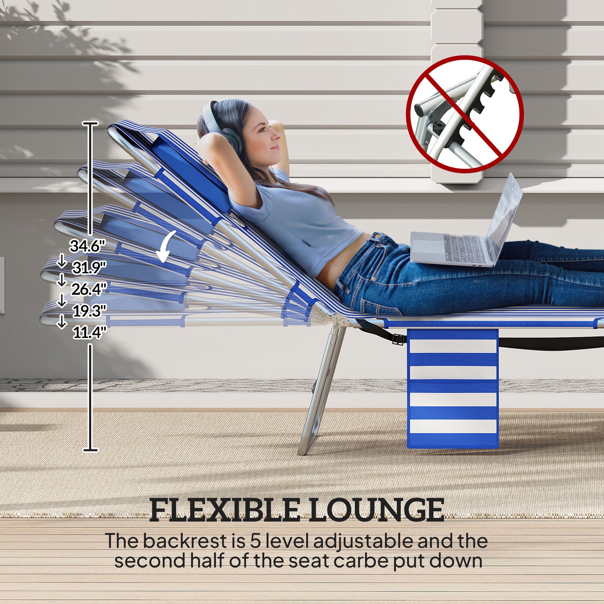 Tanning Chair with Face Hole, 5-Level Adjustable Outdoor Chaise Lounge Chair with Pillow for Beach, Pool, Blue Stripes