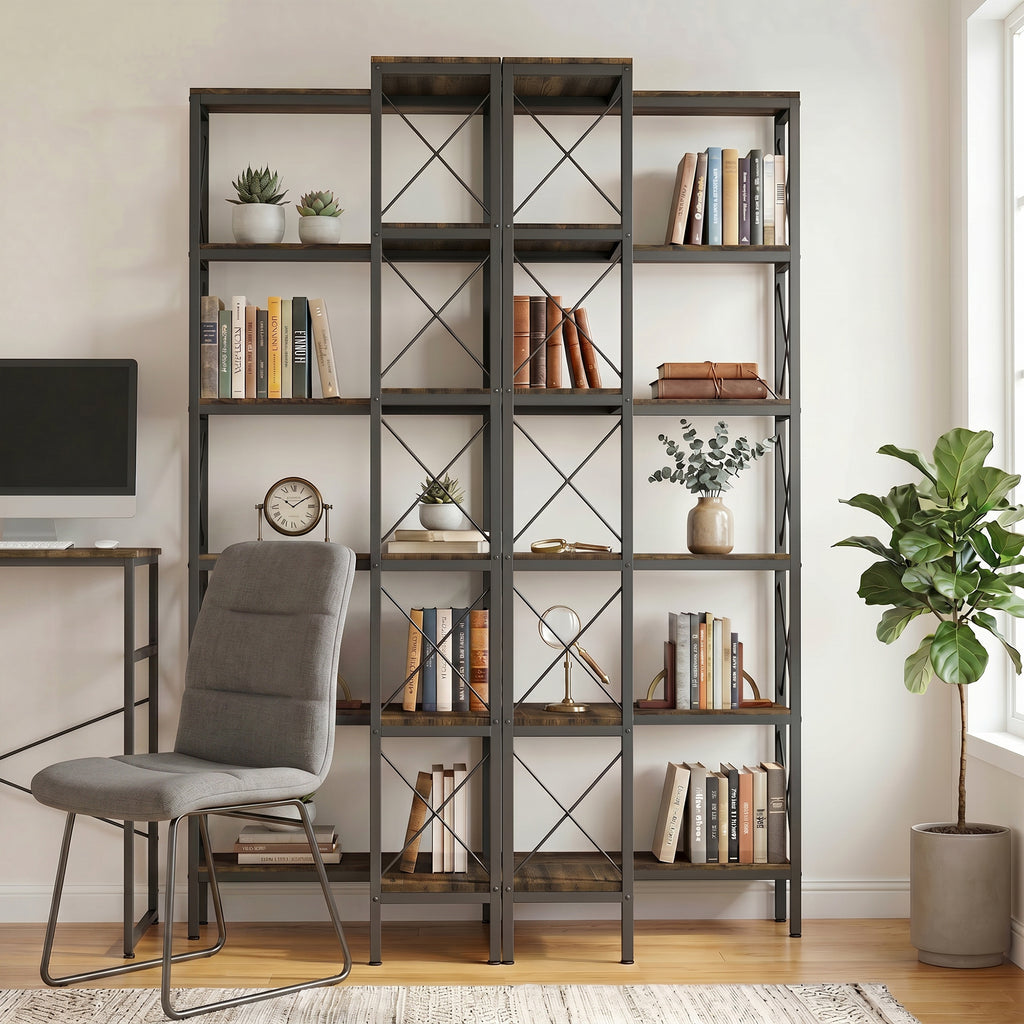 5-Tier L-Shaped Bookshelf, Freestanding Bookcase with Metal Frame, Rustic Brown