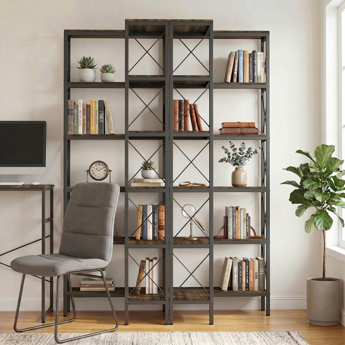 5-Tier L-Shaped Bookshelf, Freestanding Bookcase with Metal Frame, Rustic Brown