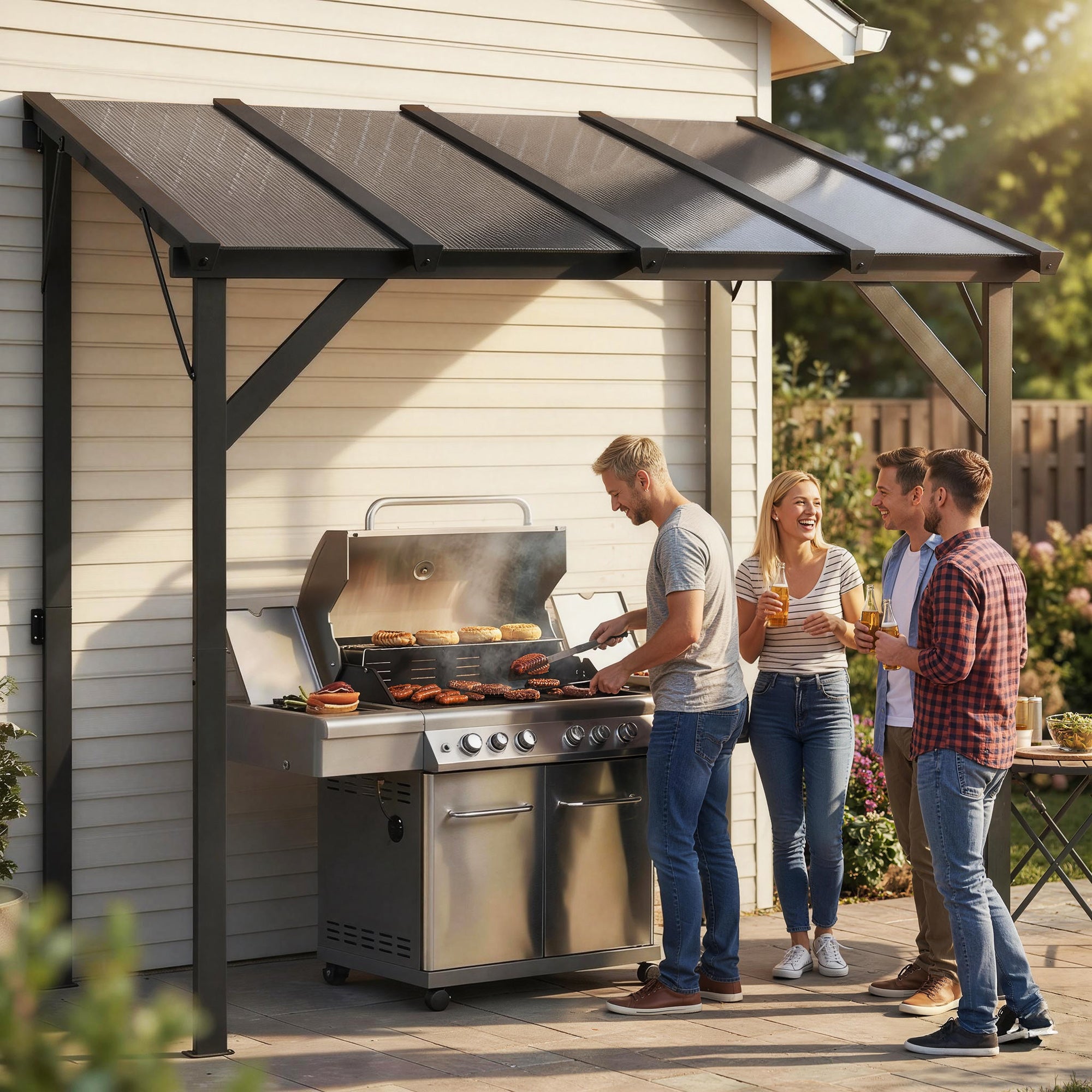 Hardtop Grill Gazebo, Lean-to BBQ Shelter with Polycarbonate Roof for Outdoor, Patio, Lawn
