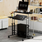Adjustable Standing Desk with Power Outlets, Stand Up Desk with Tiltable Tabletop, Wheels, Shelf, for Home Office, Black