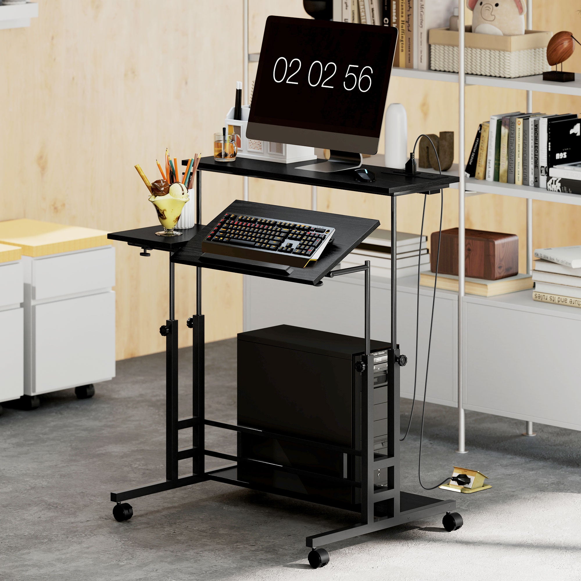 Adjustable Standing Desk with Power Outlets, Stand Up Desk with Tiltable Tabletop, Wheels, Shelf, for Home Office, Black