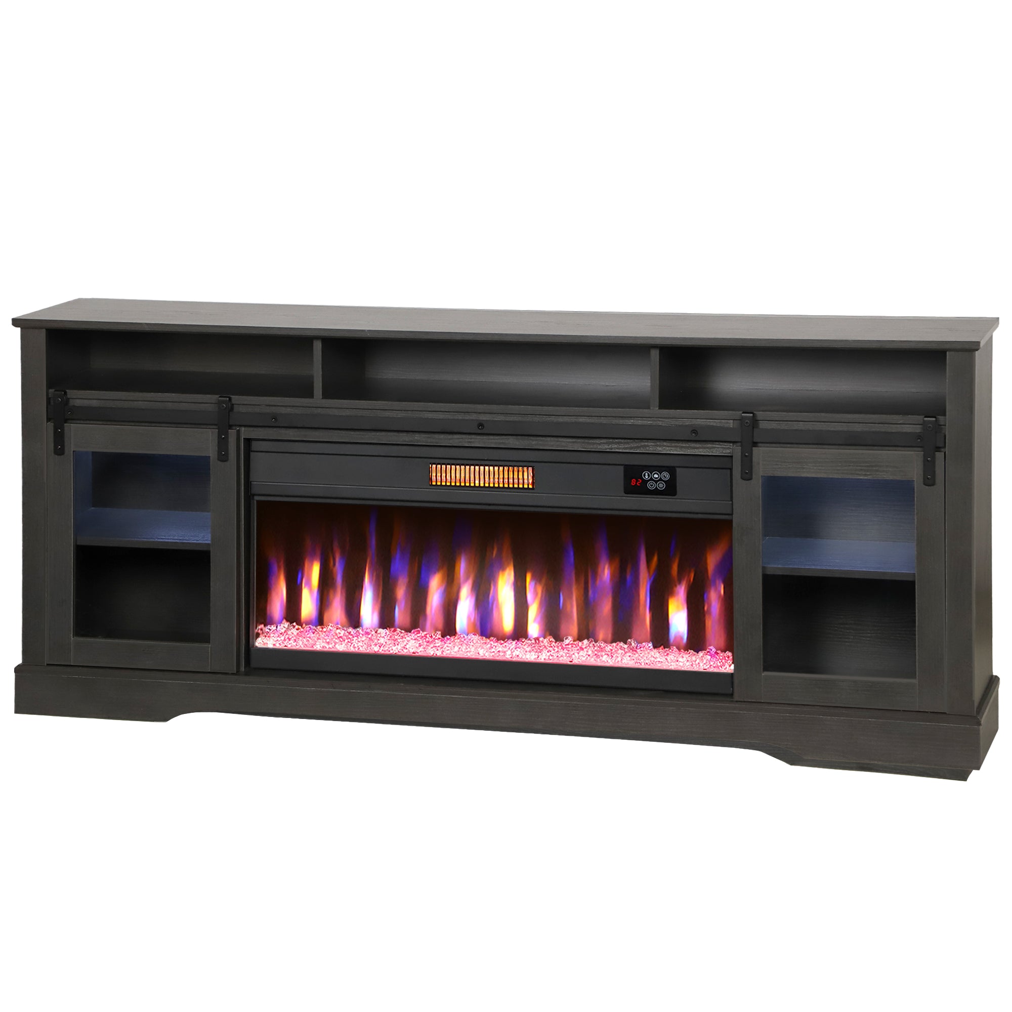 Fireplace TV Stand for TVs Up to 80 Inch, TV Console with Electric Fireplace, Open Storage and Side Cabinets, Gray