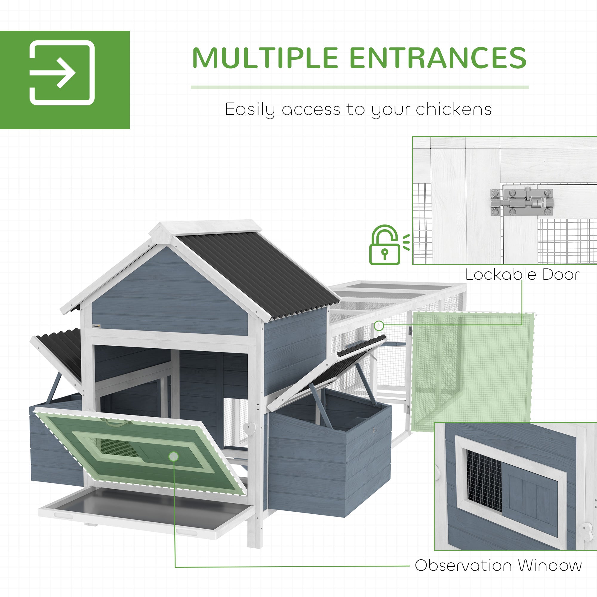 156" Extra Large Wooden Chicken Coop with 2 Nesting Box, Run Cage, Waterproof Wave Roof, for 10-15 Chickens, Light Gray
