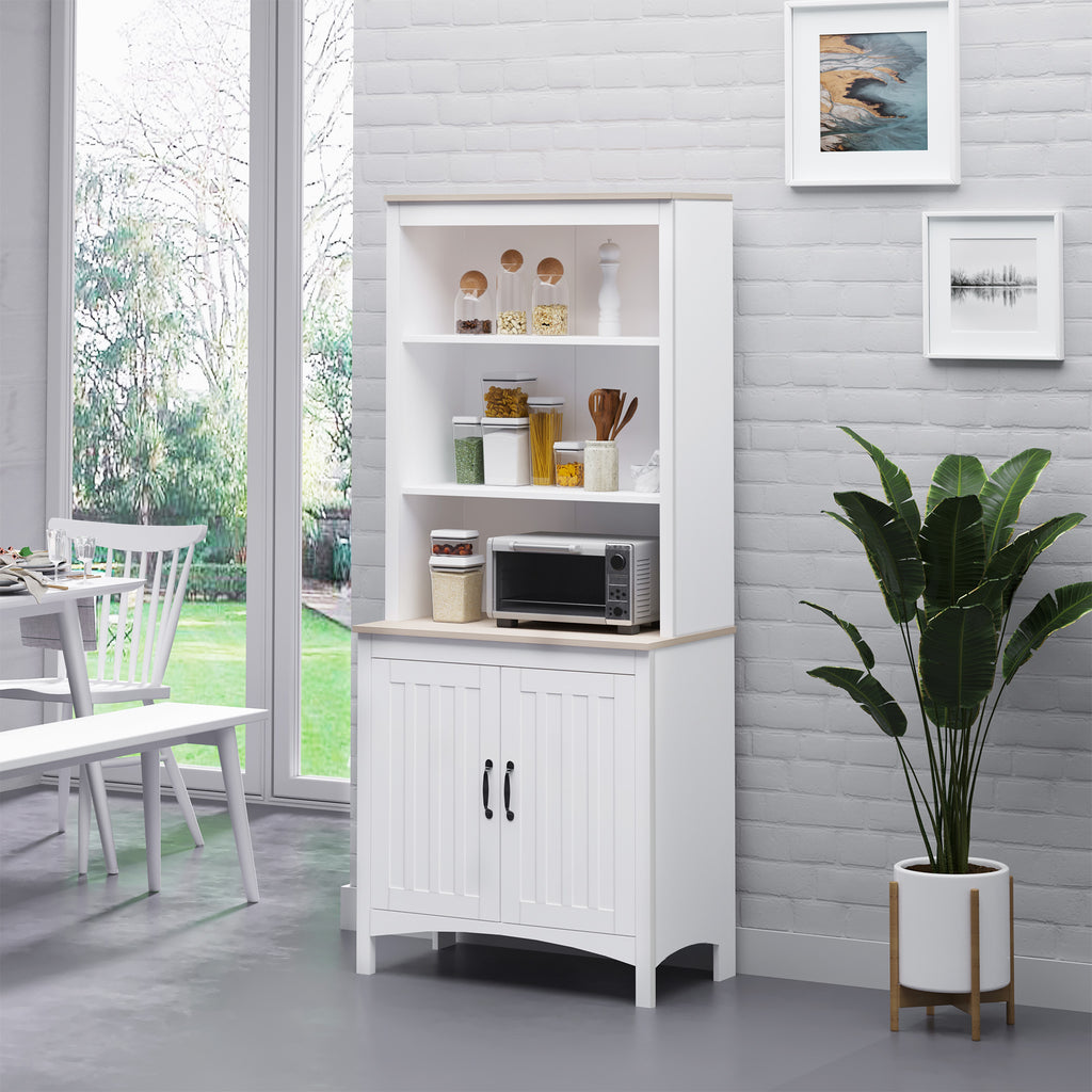 70" Kitchen Hutch, Freestanding Storage Pantry Cabinet with 3-Tier Shelving, Sideboard with Adjustable Shelves and Open Countertop, White