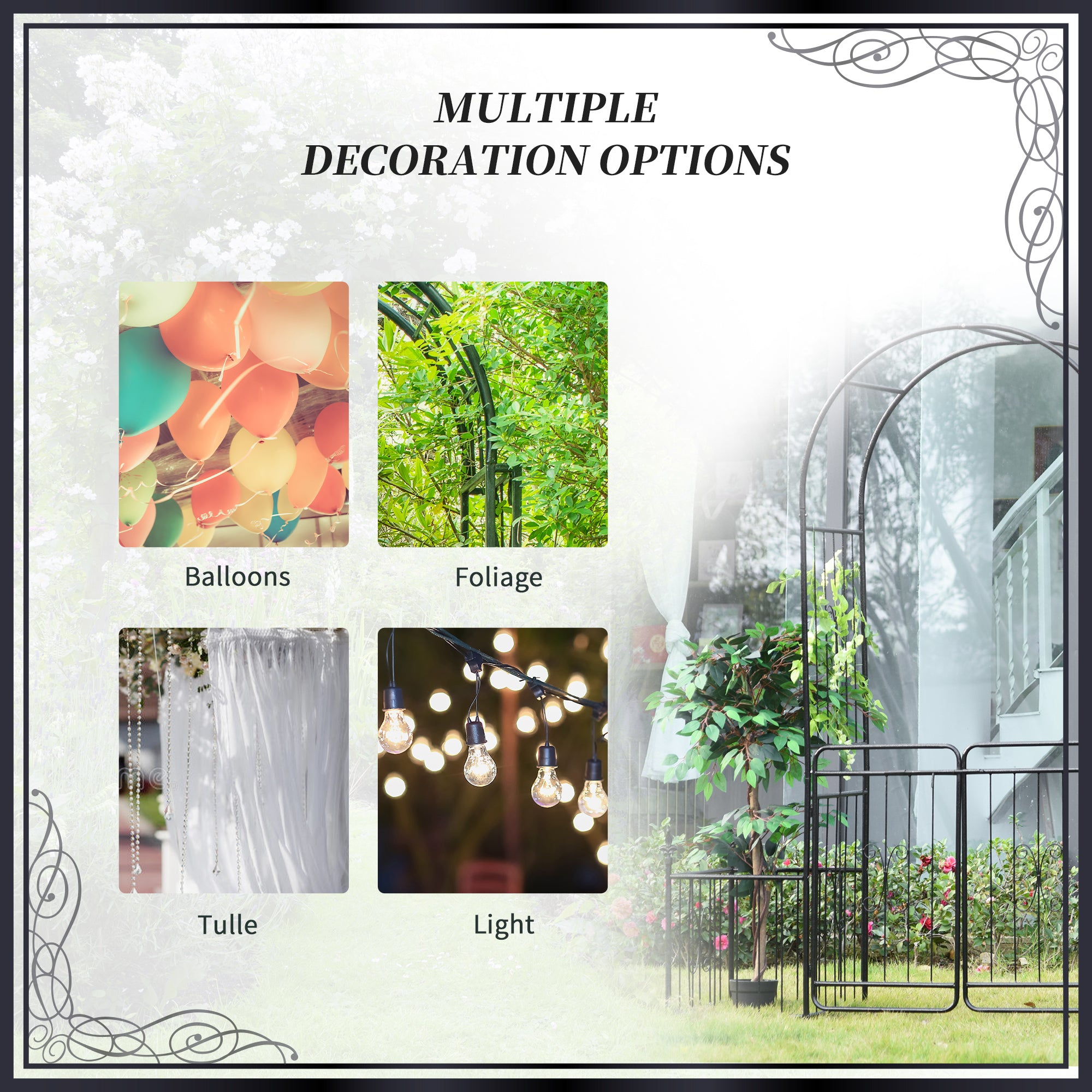 86" Garden Arch Arbor, Metal Arch Trellis with Gate and Planter Baskets, Garden Archway for Climbing Vines, Wedding Ceremony Decoration, Flourishes & Arrow Tips, Black