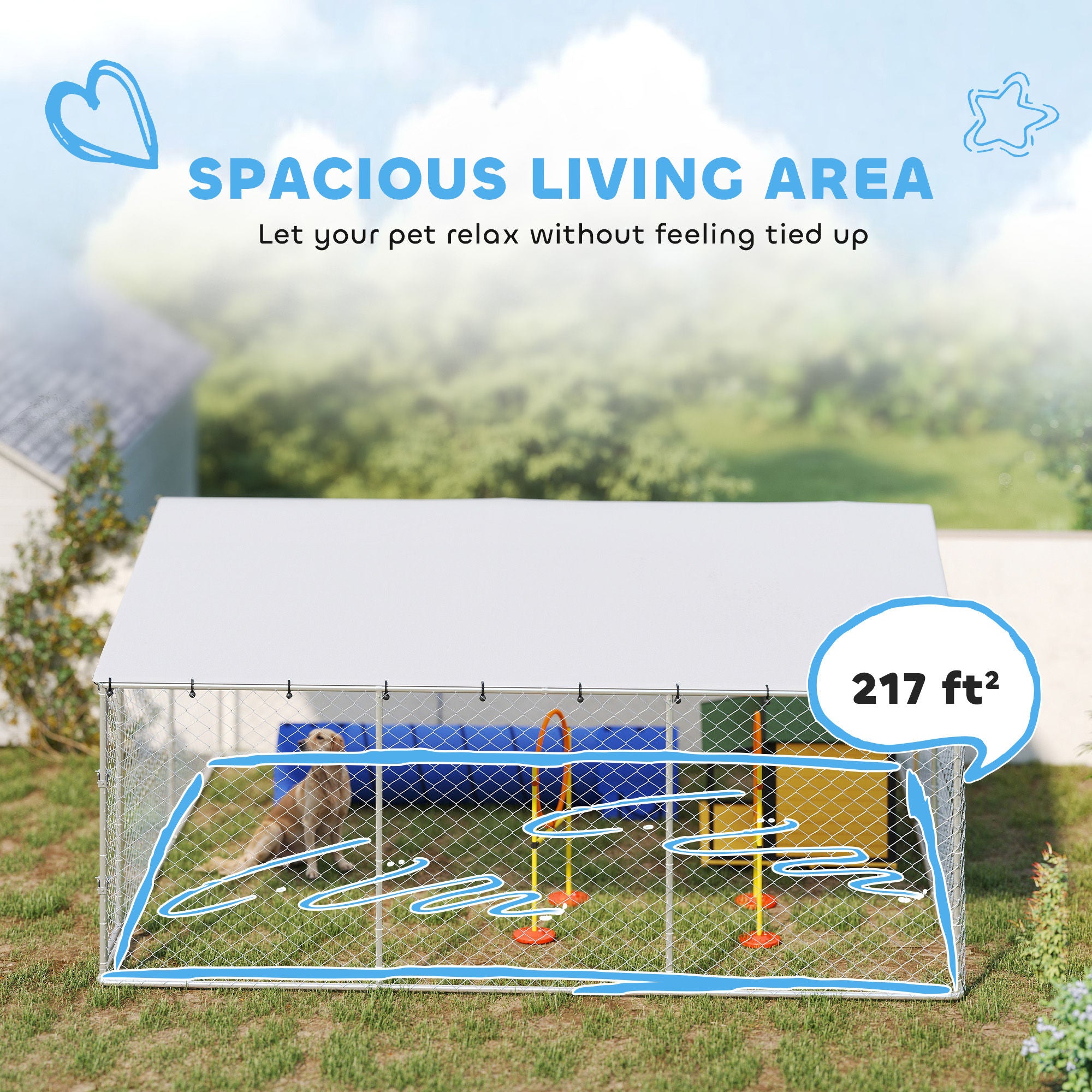 15' x 15' x 7' Dog Kennel Outdoor for Small Medium Large Dogs with Waterproof Roof, Silver