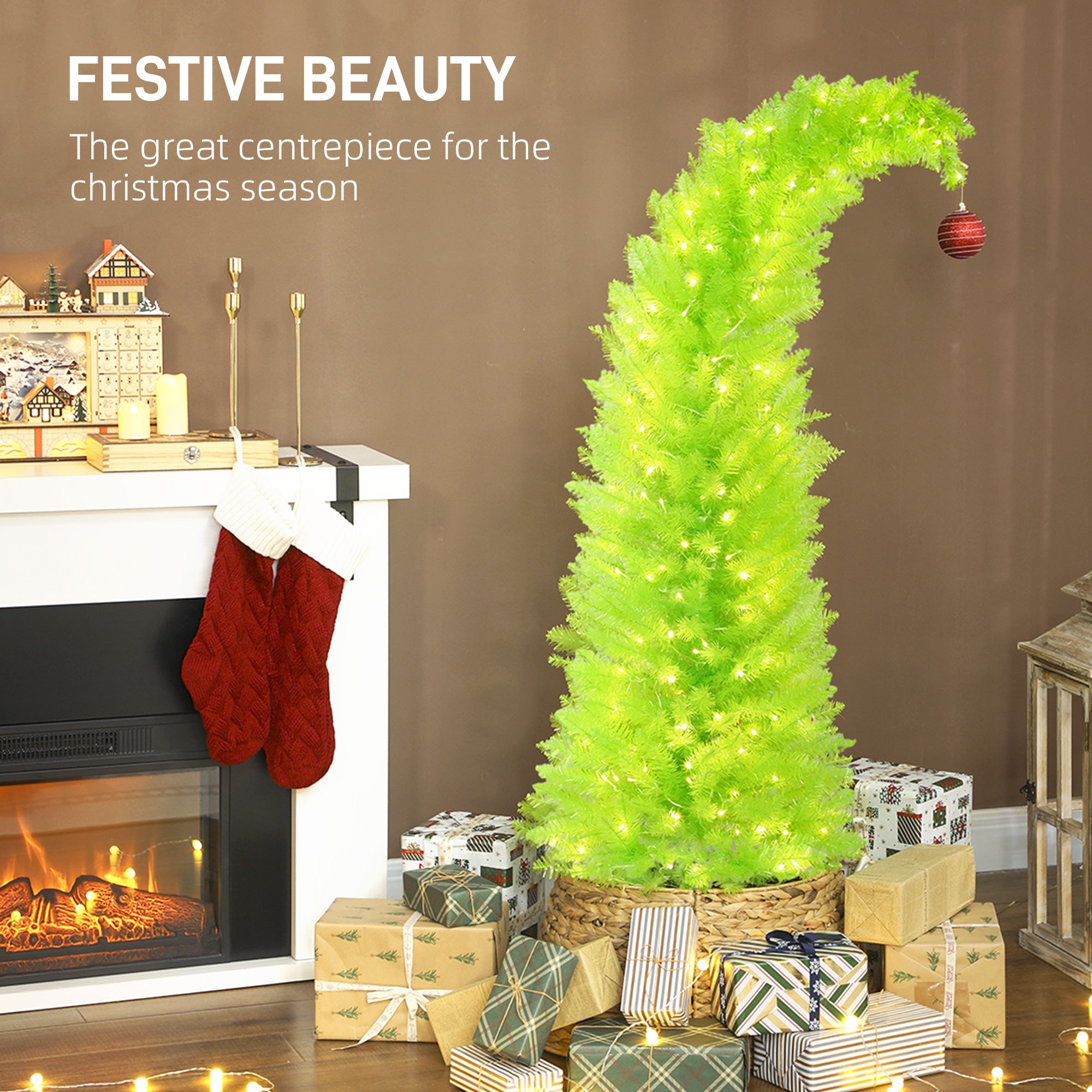 5 ft Whimsical Christmas Tree, Pencil Xmas Tree with Red Ball, Metal Base, Prelit with 200 LED Lights